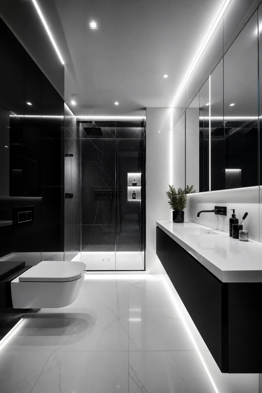 ultra modern black and white bathroom with glossy white floor, black vanity, LED strip lighting, glass shower, sleek minimal design, contemporary luxury bathroom interior