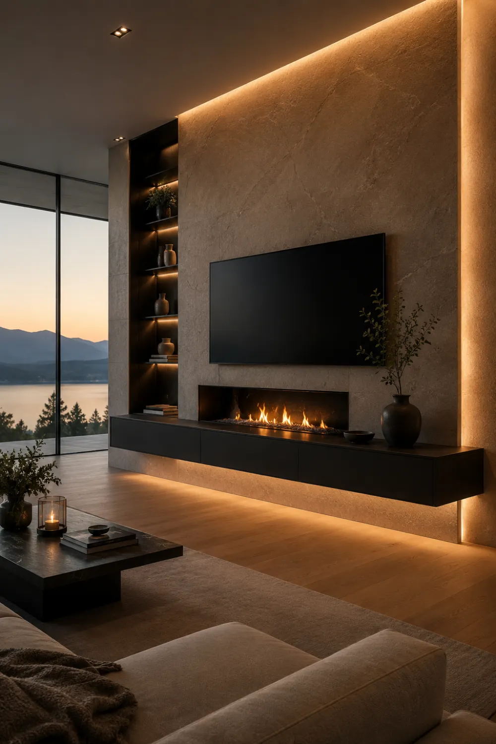 Luxury marble fireplace wall with dramatic veining, warm LED lighting, neutral furniture, and elegant modern living room interior design