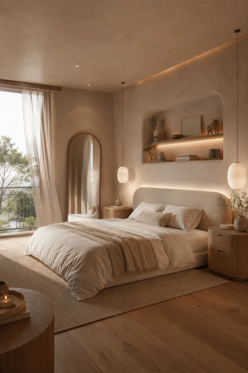 Soft curved Japandi bedroom with rounded upholstered headboard, arched floor mirror, warm pendant lights, recessed wall niche shelving, layered neutral bedding, and elegant minimalist decor.