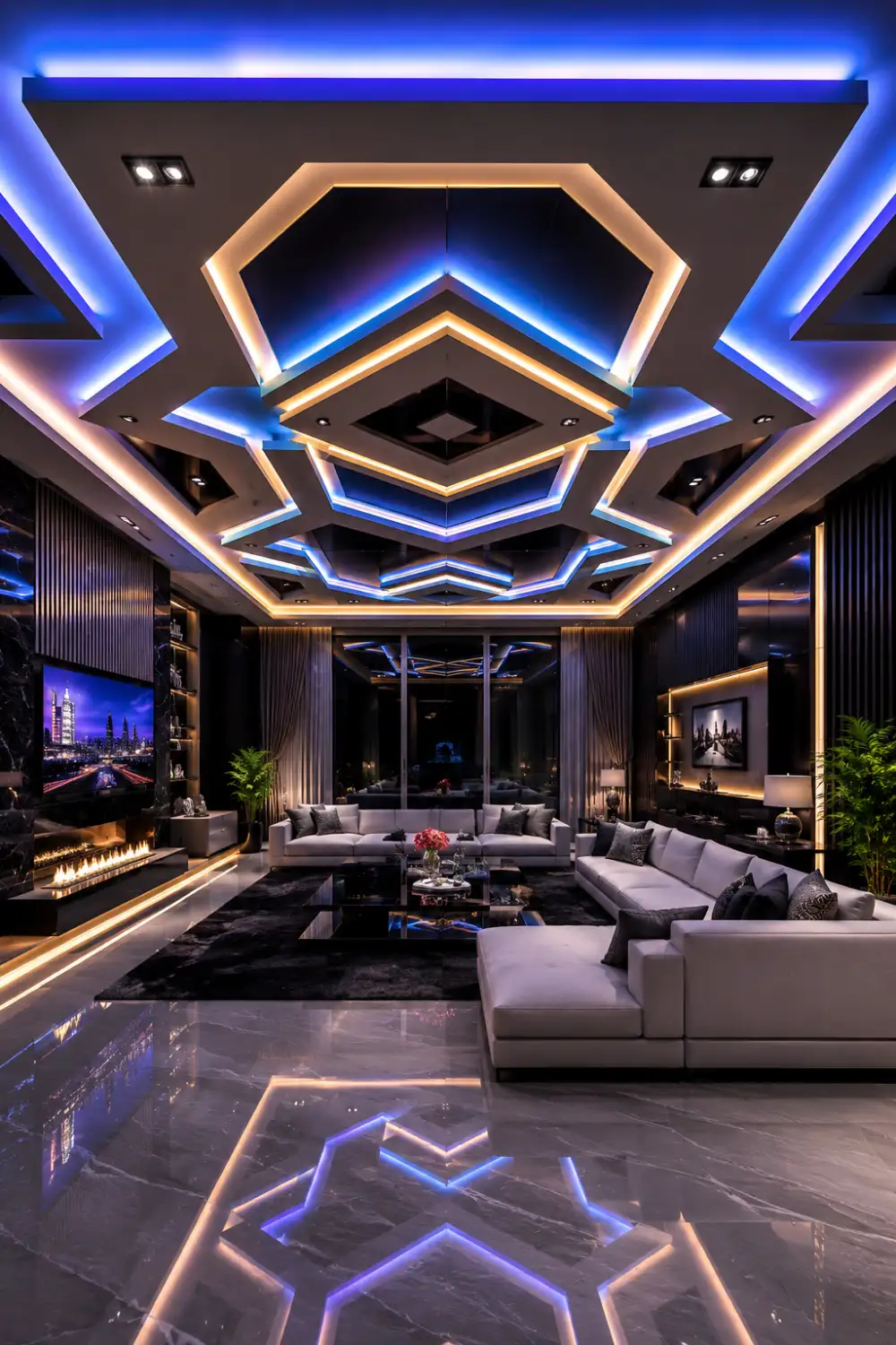 Futuristic geometric LED ceiling pattern with glowing blue lighting, modern luxury interior decor, glossy finishes, and high-tech contemporary living room design.
