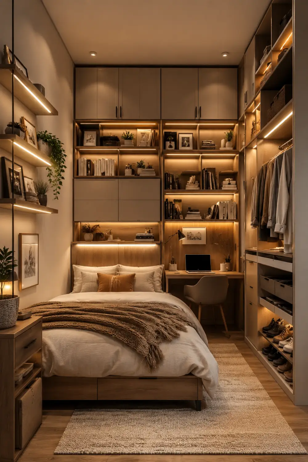 Vertical storage wall tiny bedroom with floor-to-ceiling shelves, built-in desk, warm LED lighting, hidden cabinets, and cozy luxury small space decor inspiration.