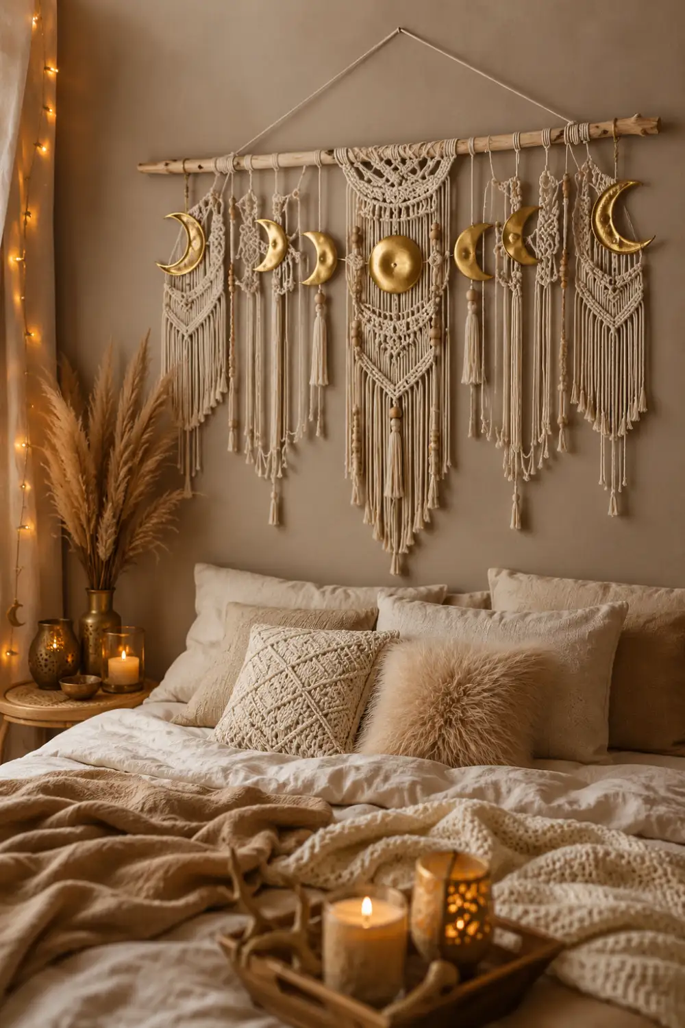 Celestial moon phase macrame wall decor with golden moon accents, woven tassels, warm fairy lights, and soft neutral bedding styled in a cozy modern boho bedroom.
