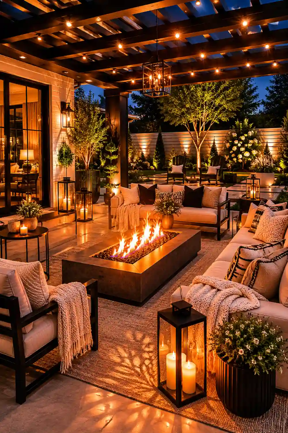 Luxury pergola fire pit lounge with oversized outdoor sofas, glowing rectangular fire table, hanging lights, decorative lanterns, and elegant modern backyard entertaining area.