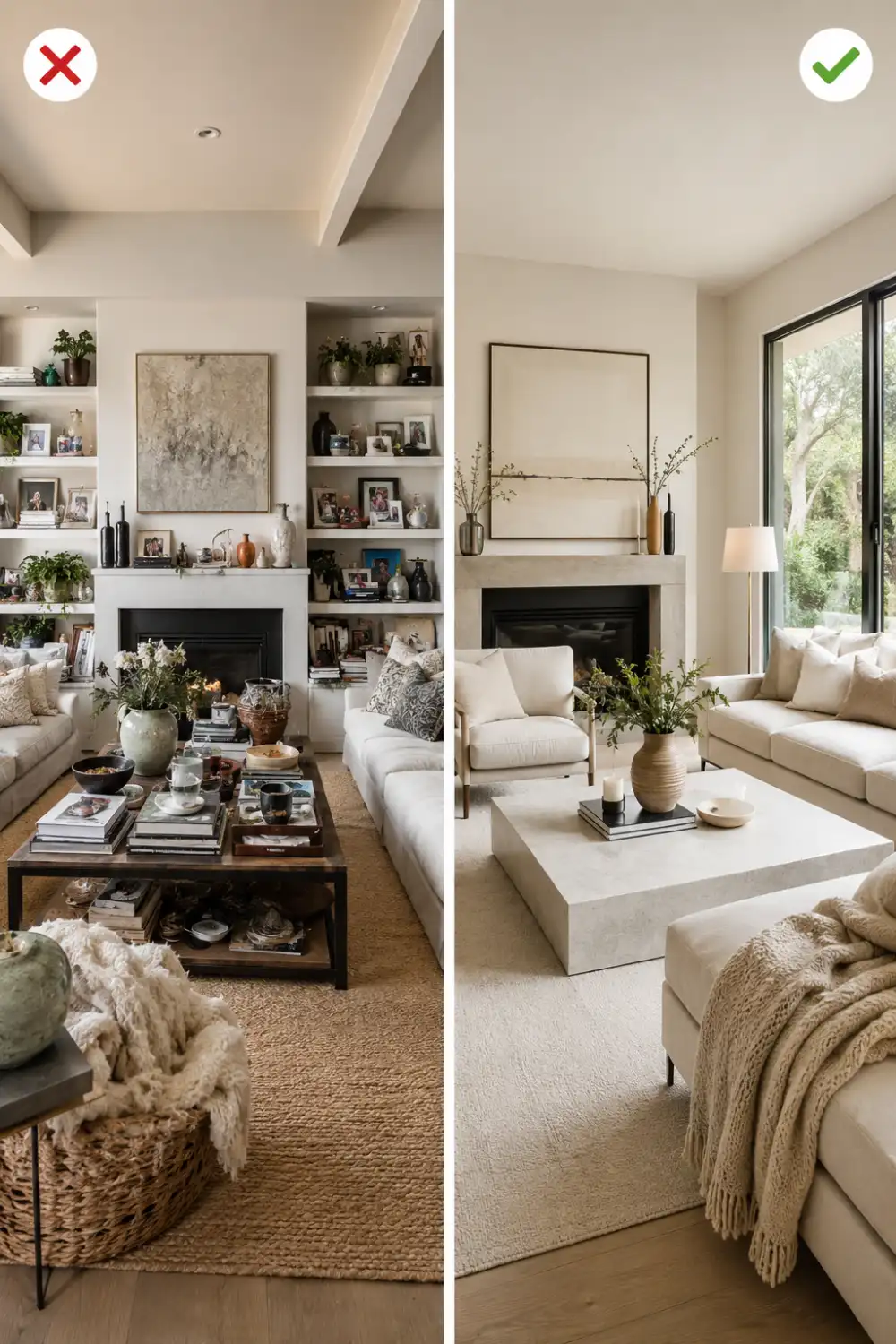 Cluttered living room compared to clean minimalist luxury interior with organized decor styling