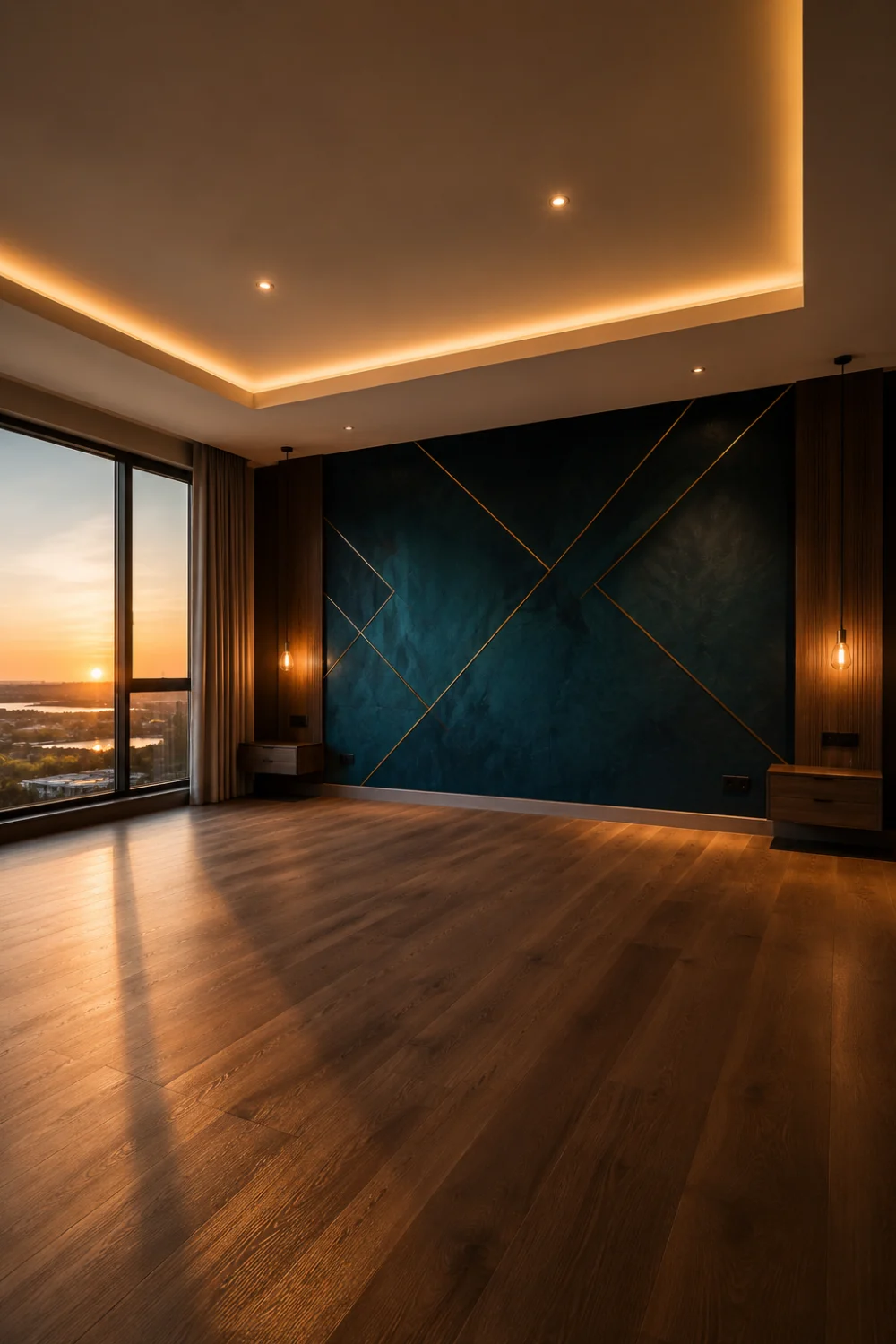 Moody teal blue accent wall with geometric details, warm lighting, wood floors, and luxurious modern bedroom interior inspiration.