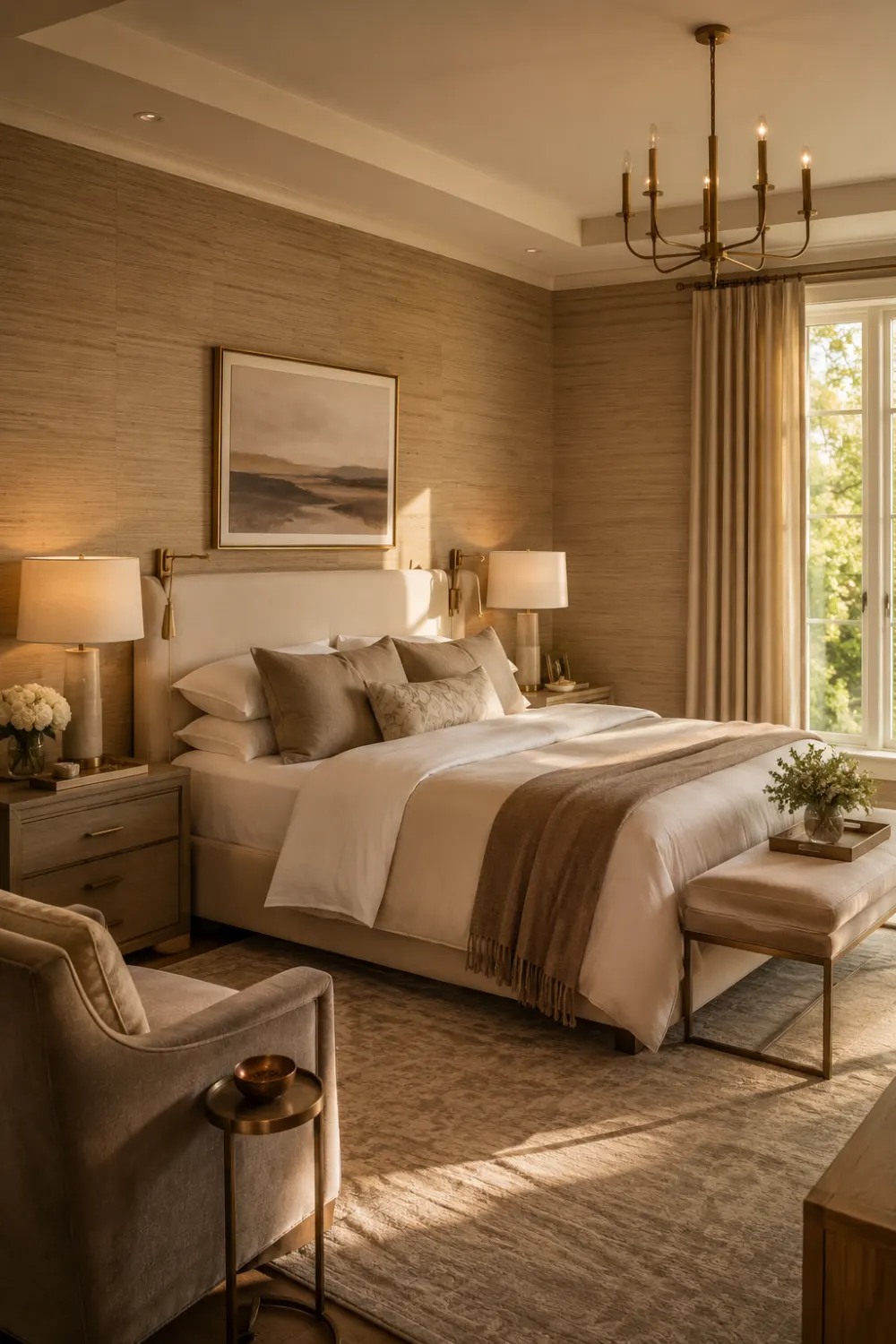 Elegant luxury bedroom with grasscloth wallpaper walls, layered neutral bedding, warm wood furniture, soft curtains, brass accents, cozy lighting, and timeless designer-inspired interior styling.