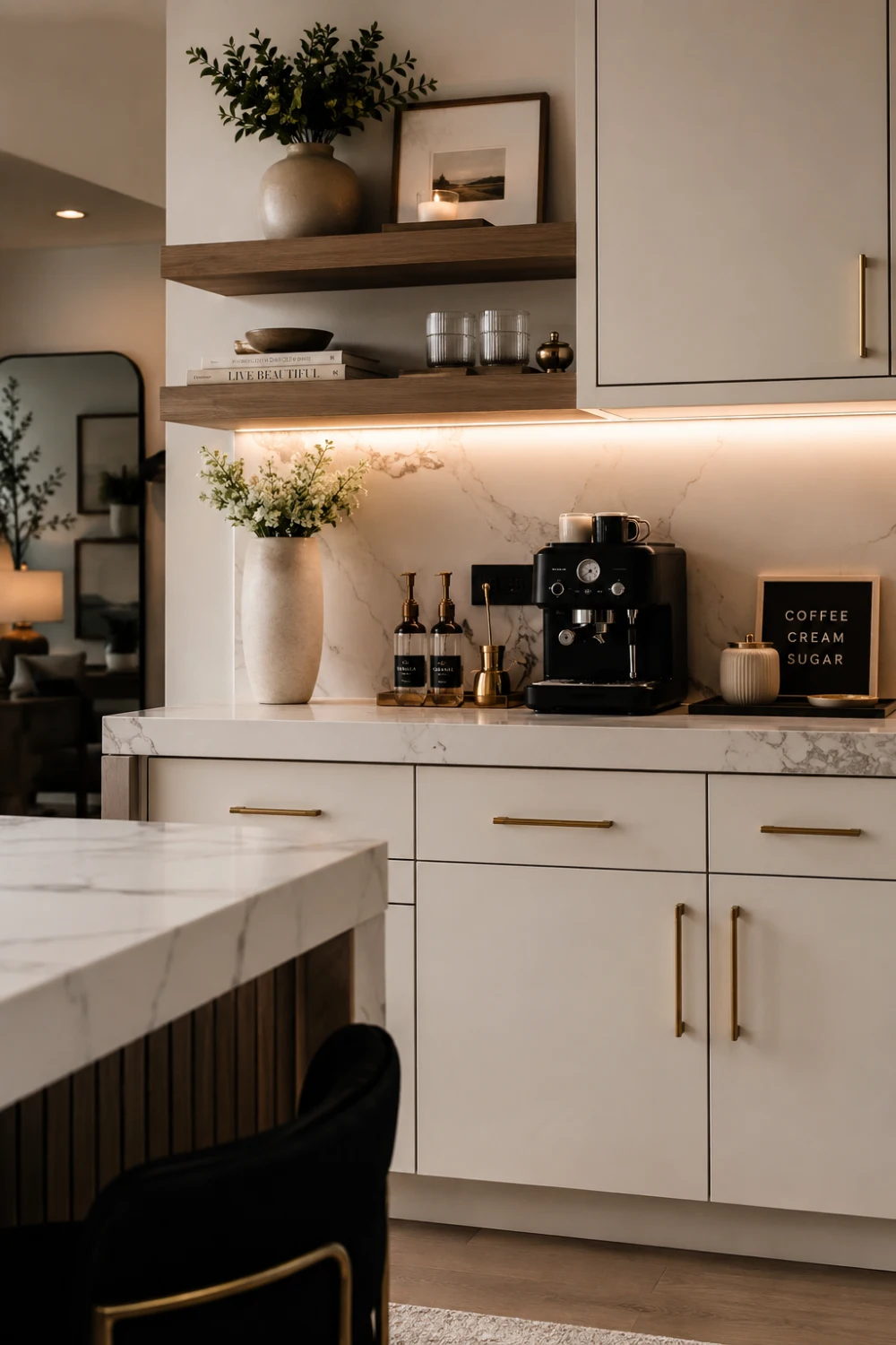 Modern rental apartment kitchen with warm LED lighting, marble countertops, floating wood shelves, coffee station setup, stylish cabinet hardware, neutral decor, and cozy Pinterest-inspired kitchen styling perfect for small luxury apartment inspiration.