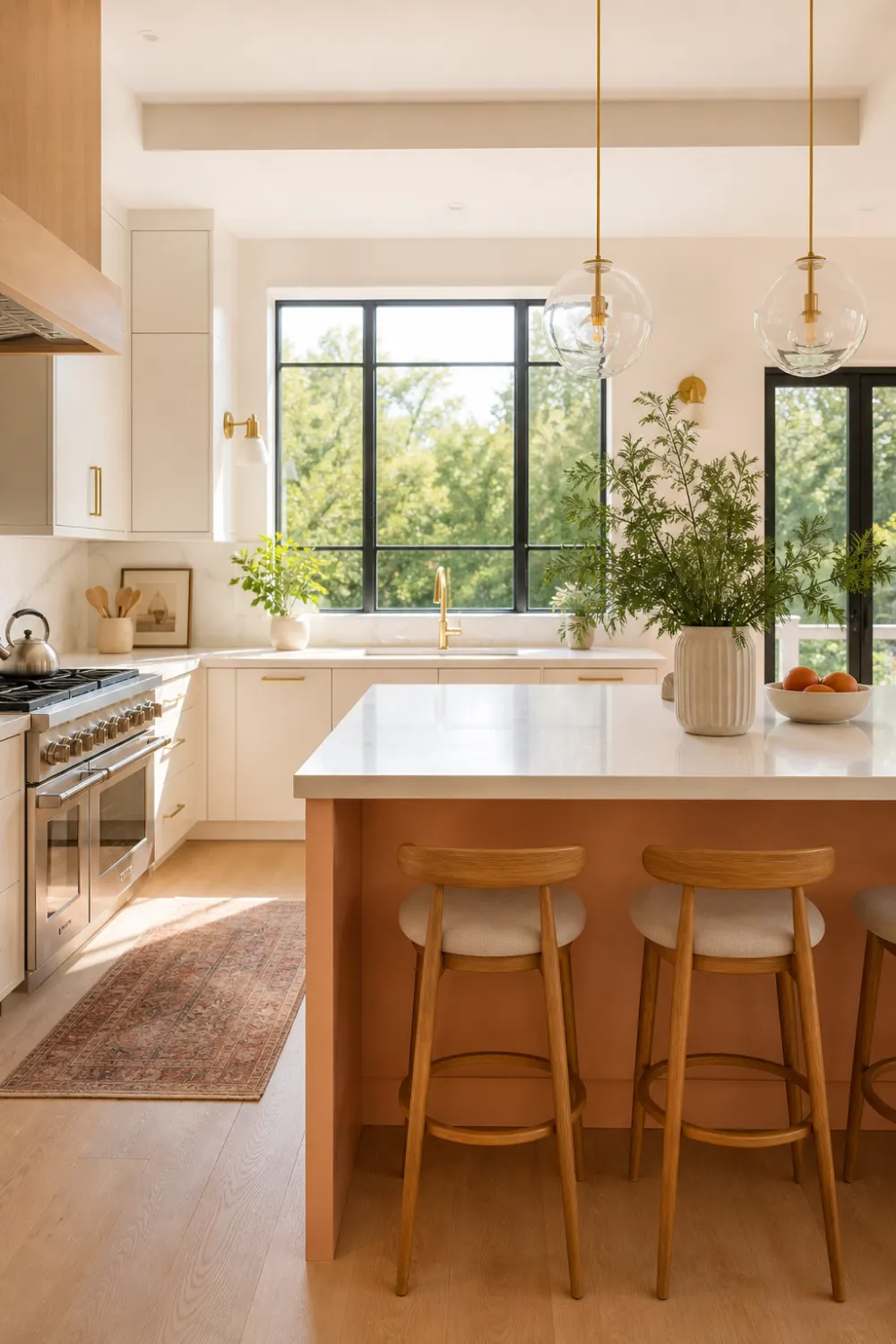 bright peach kitchen with large windows, natural sunlight, white cabinets, greenery decor, modern airy kitchen design with fresh aesthetic