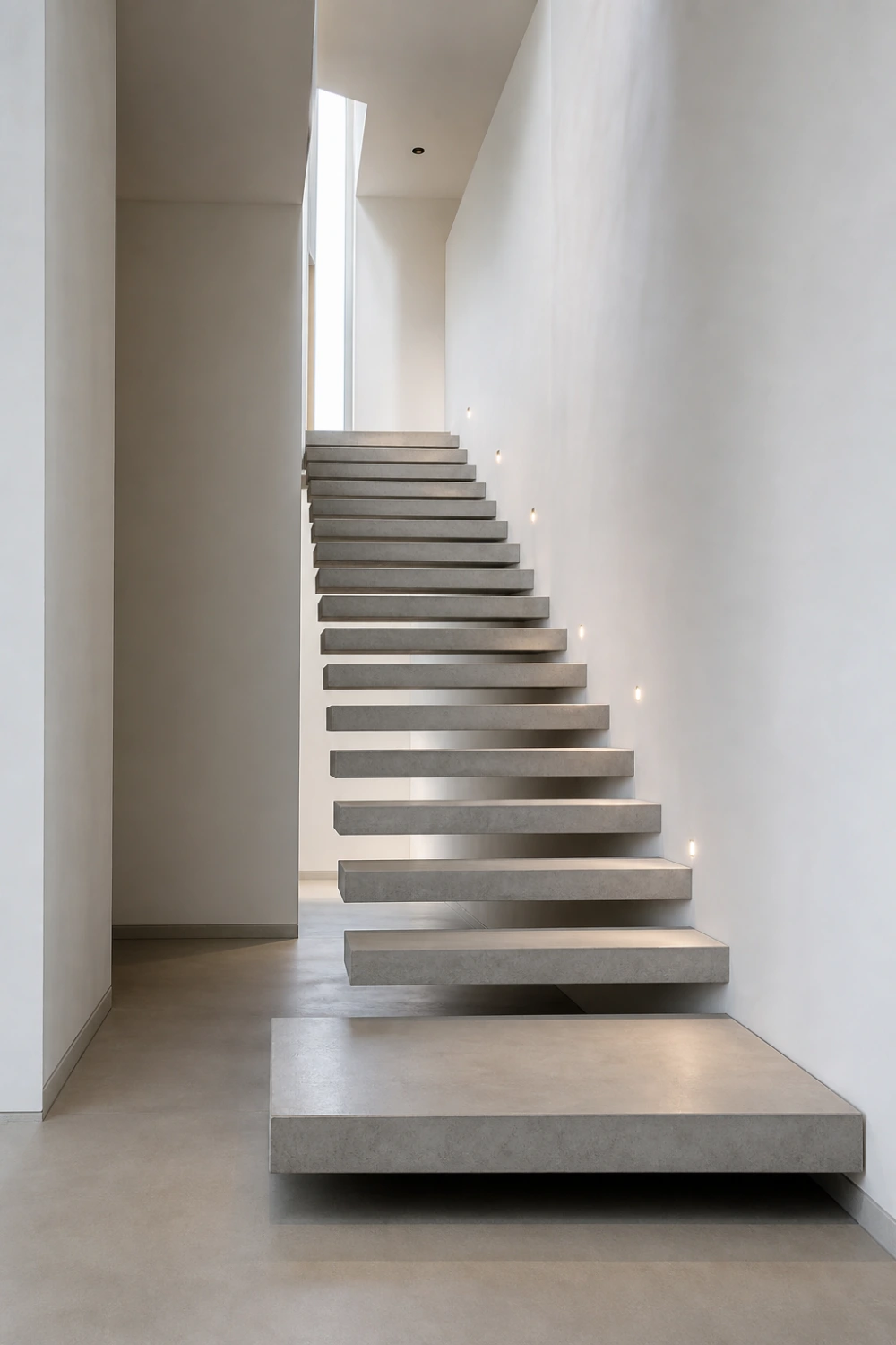 minimal cantilever concrete staircase with floating steps, clean white walls, soft wall lighting modern interior