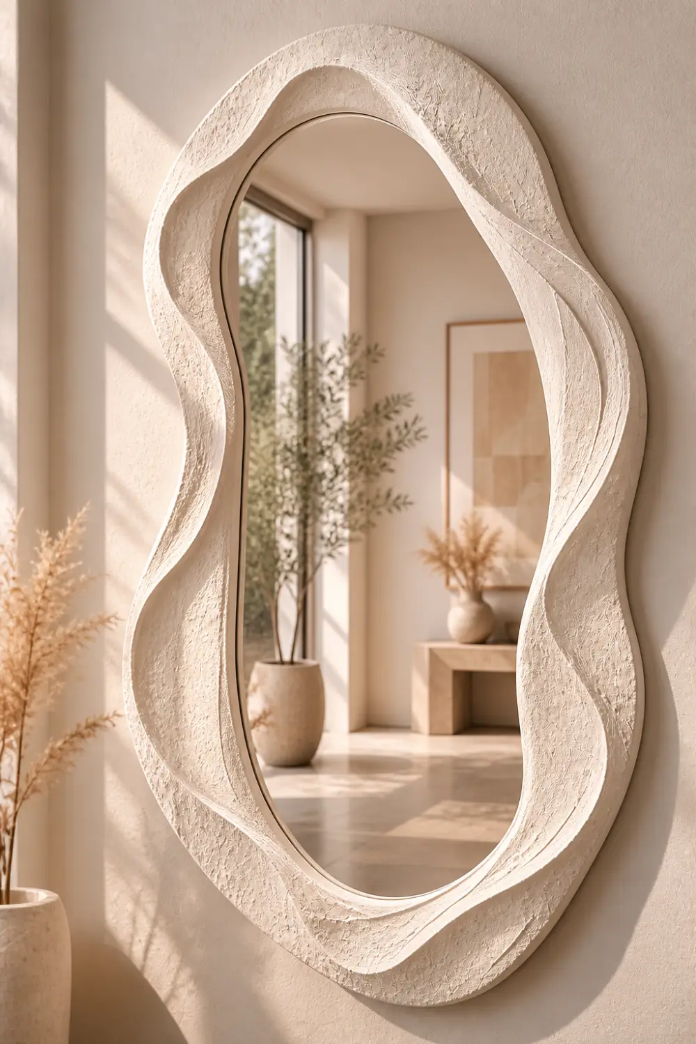 DIY plaster mirror frame with organic curves textured surface wall decor modern luxury interior neutral tones natural light aesthetic
