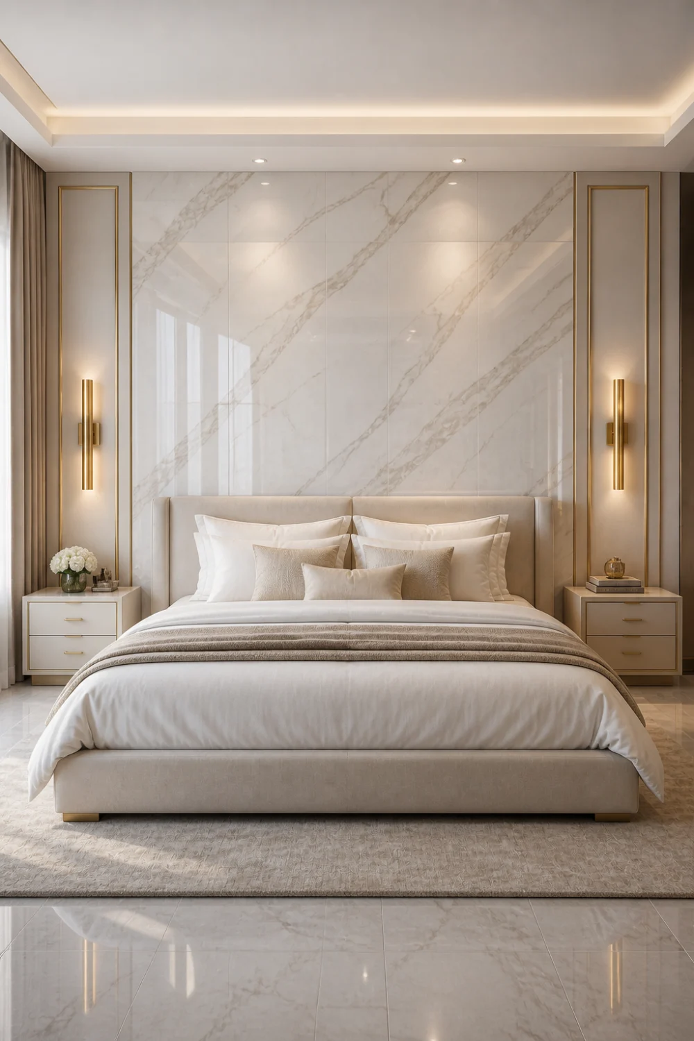 marble panel headboard luxury bedroom white marble wall gold accents modern bed setup bright elegant bedroom decor high end interior design