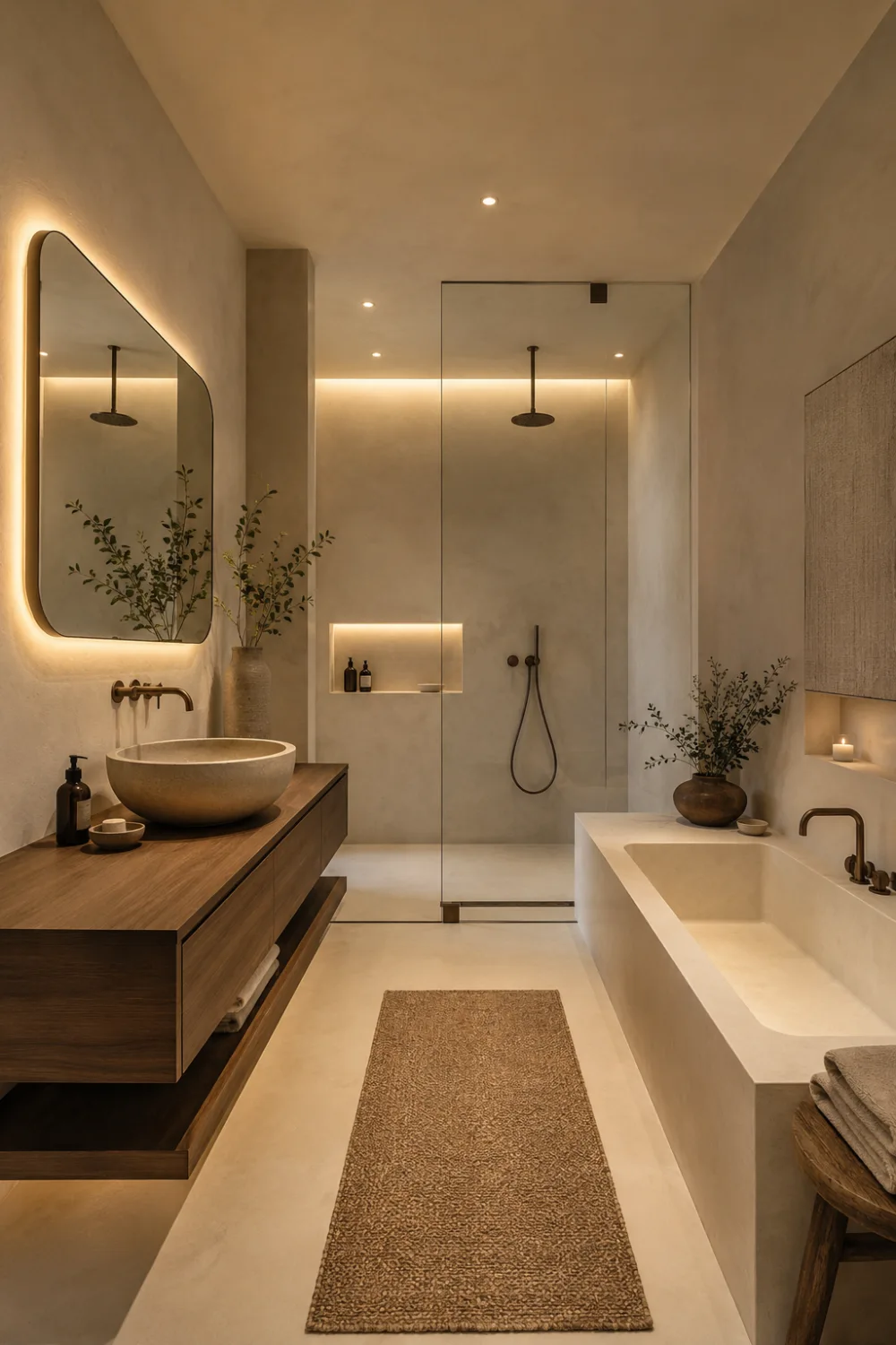 Minimal beige Japandi bathroom with floating wood vanity, soft ambient lighting, built-in bathtub, frameless glass shower, textured neutral decor, warm earthy tones, and modern minimalist spa-inspired interior styling.