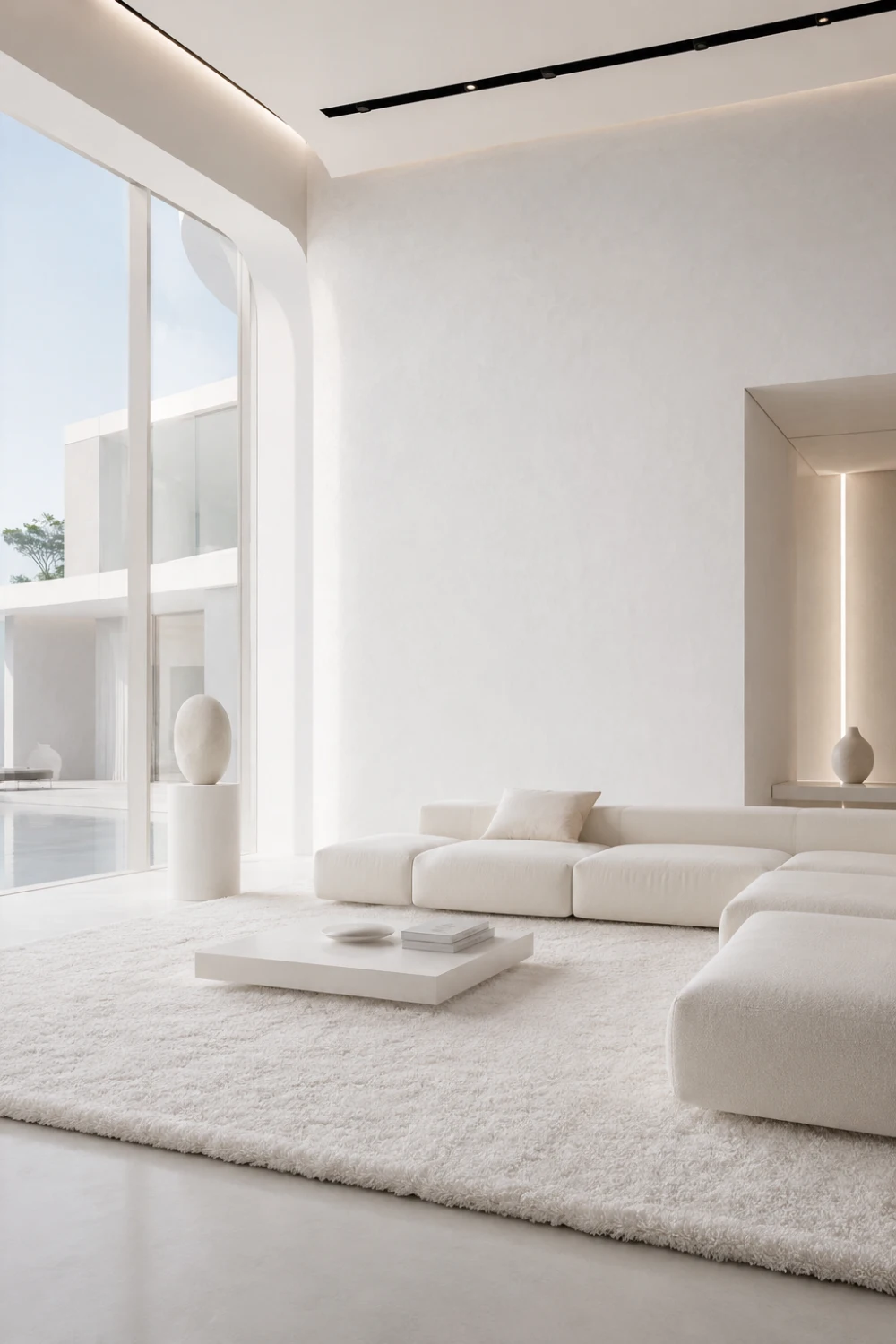 Ultra minimal white living room with plush white rug, monochrome sectional sofa, large windows, soft natural lighting, clean architectural lines, and luxury minimalist interior decor inspiration.