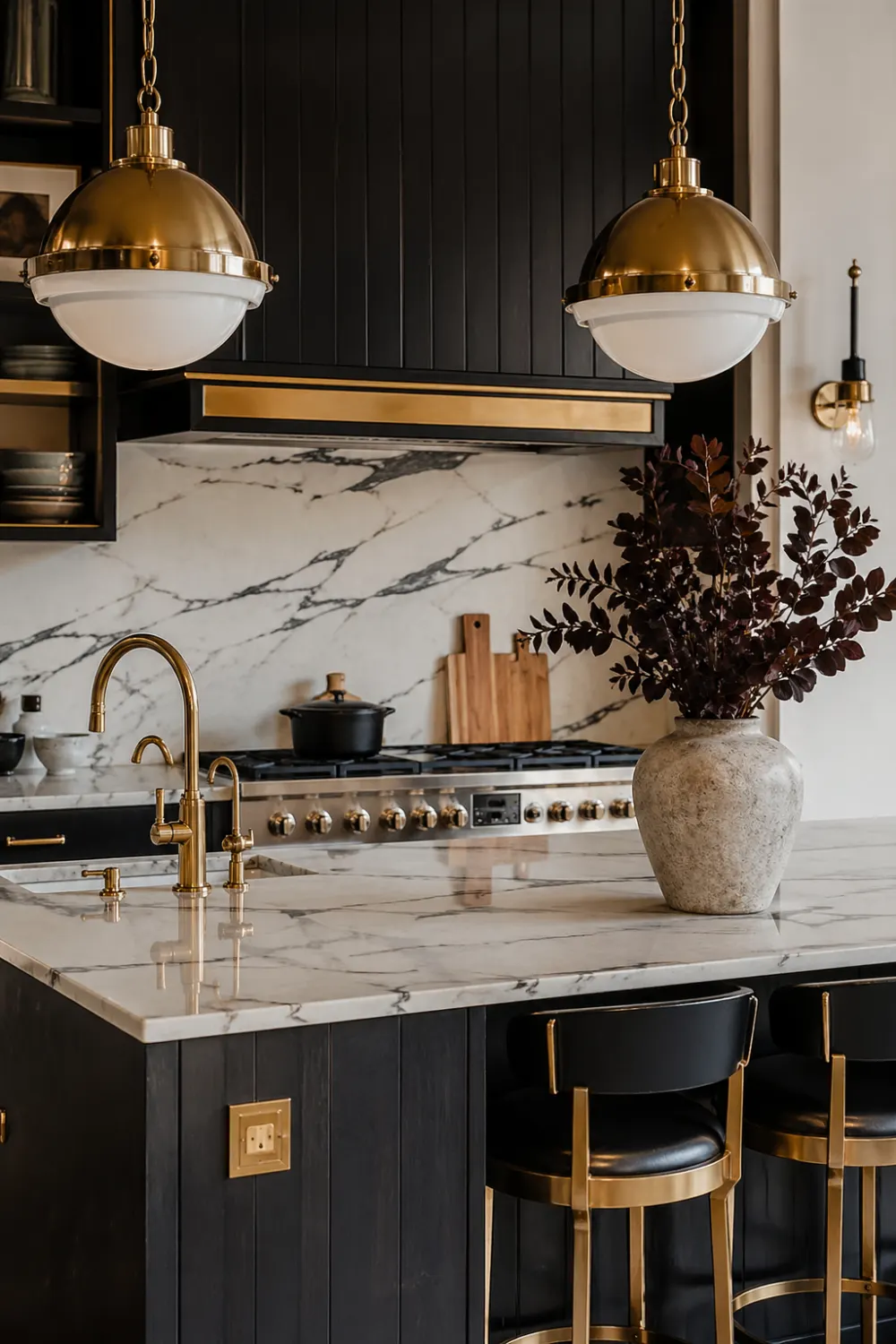 mixed metal kitchen decor brass lights gold faucet marble countertop black cabinets modern luxury kitchen aesthetic