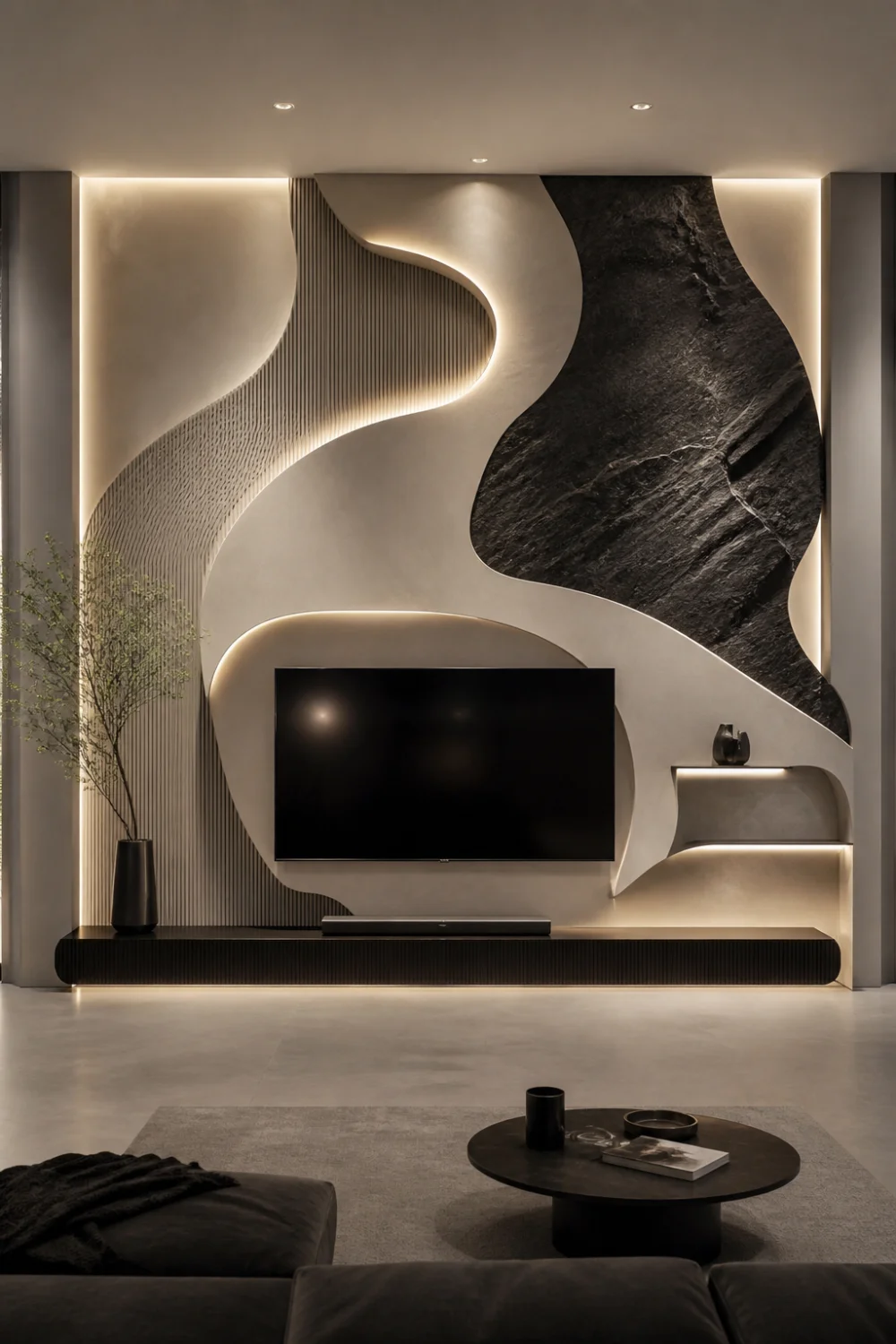mixed texture 3D TV wall combining wood slats, smooth panels and dark stone section, LED backlighting, modern luxury living room interior design