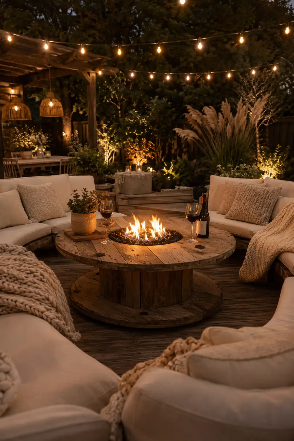 Wooden cable spool transformed into an outdoor fire pit table surrounded by cozy cream seating, knit blankets, glowing string lights, greenery, and warm luxury backyard decor.