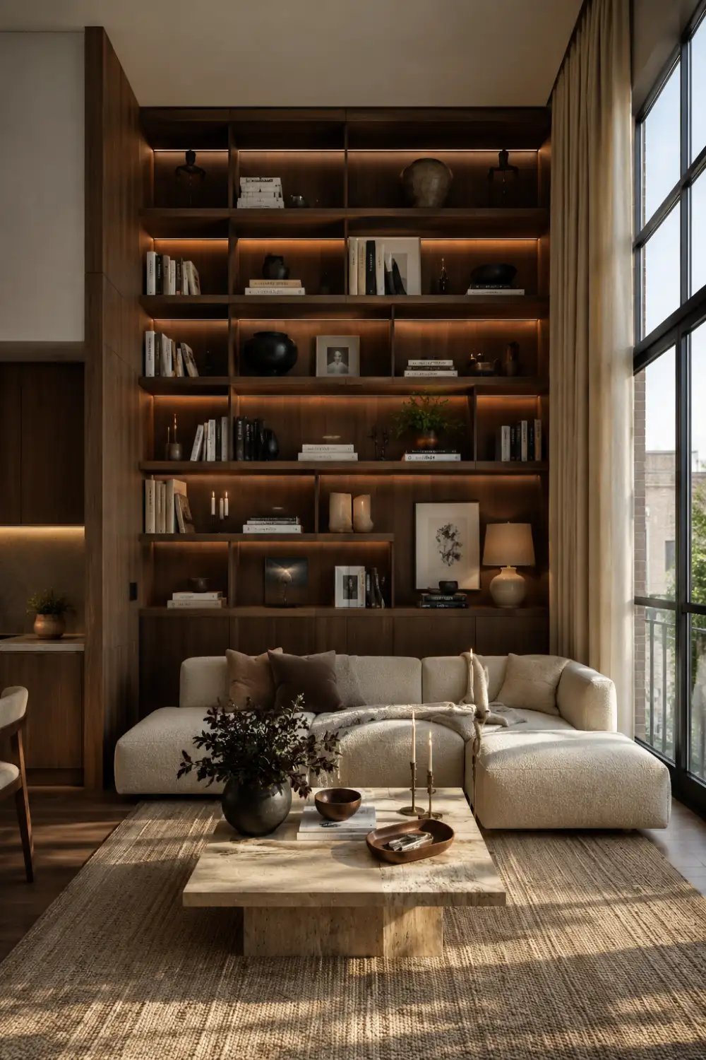 Floor-to-ceiling shelving in luxury studio apartment with warm LED lighting, modern neutral decor, cozy cream sofa, wood accents, and elegant small apartment styling.