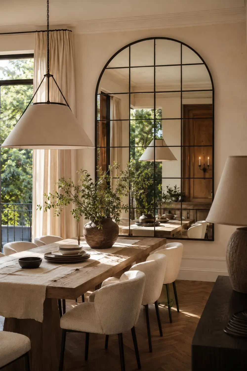 Large black windowpane arch mirror in a luxury dining room with wooden dining table, boucle chairs, soft cream curtains, elegant pendant lighting, warm sunlight, and sophisticated European-inspired interior decor.