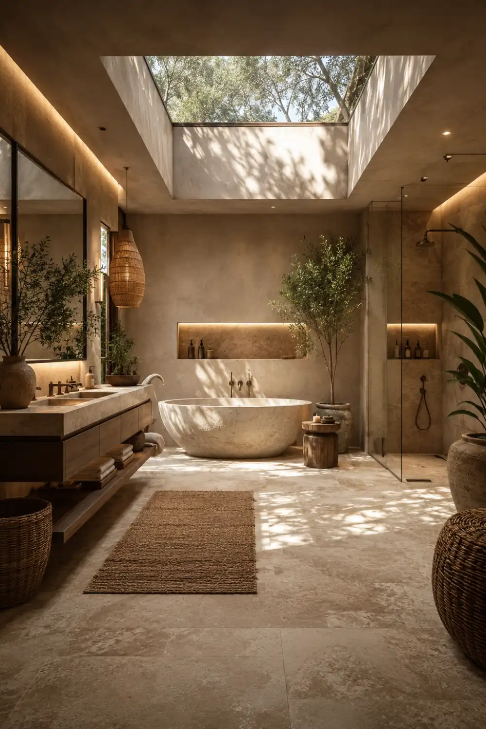 Sunlit earthy bathroom with oversized skylight, warm stone flooring, floating wood vanity, woven decor accents, freestanding bathtub, frameless shower, and soft natural shadows creating a luxury spa atmosphere.
