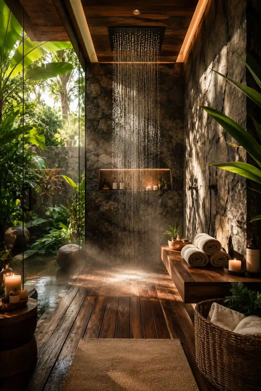 Jungle-inspired outdoor rain shower with tropical plants, dark stone walls, wood flooring, candles, and luxury resort spa bathroom aesthetic.