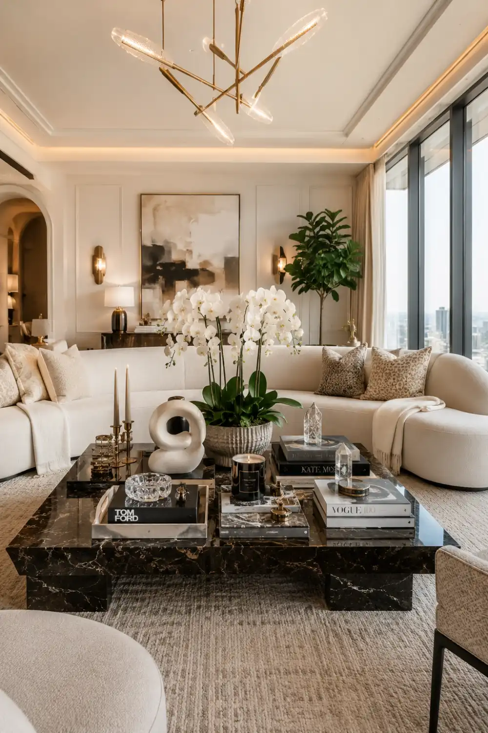Modern glam living room with a black marble coffee table styled using crystal decor, sculptural accessories, candles, orchids, designer books, and luxury neutral accents. Curved cream sofas, elegant lighting, and bright natural daylight create a chic Pinterest-inspired designer interior.