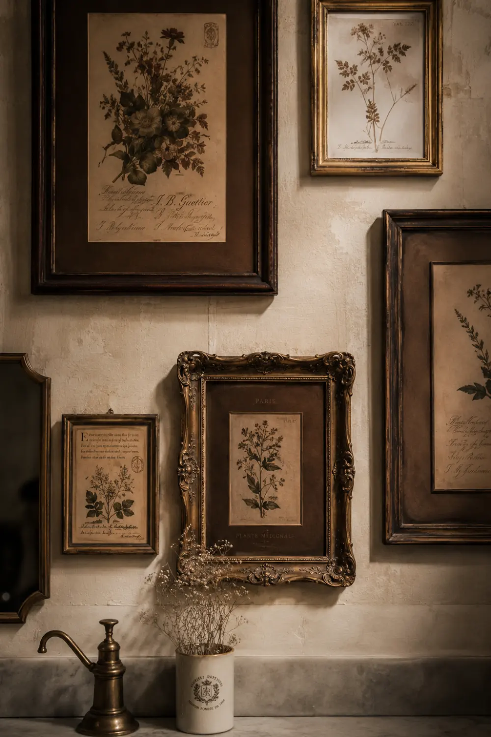 Vintage botanical wall art with ornate antique frames, rustic textures, neutral walls, brass accents, and elegant old-world bathroom decor styling.