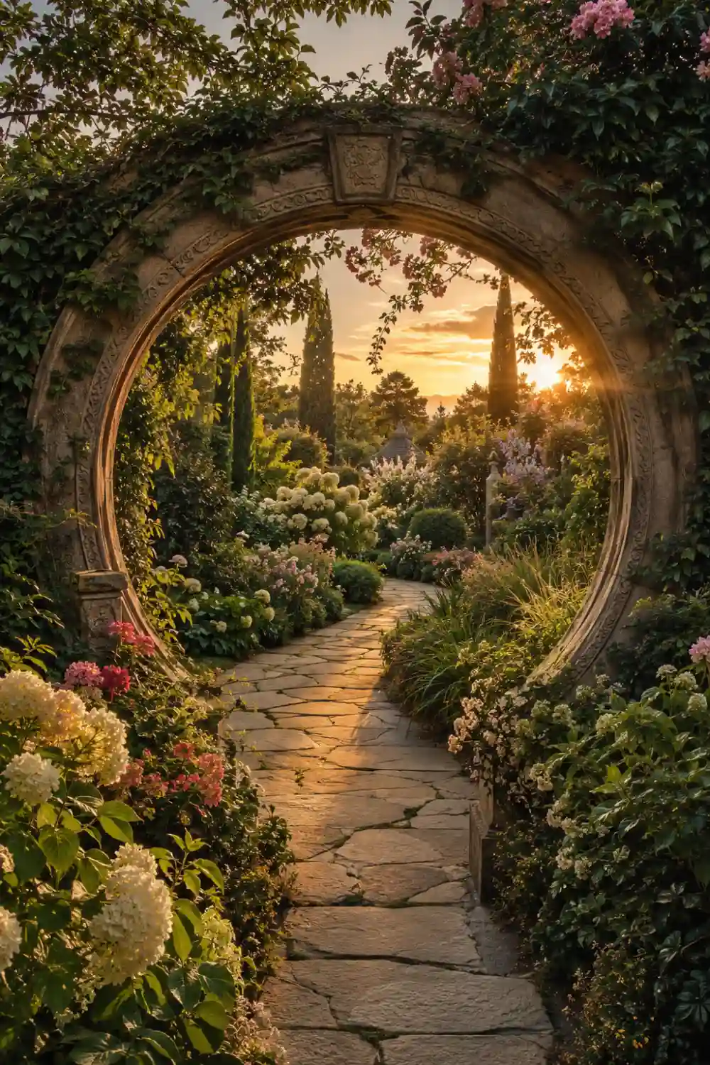 Large circular moon gate garden trellis surrounded by blooming flowers, lush greenery, and a curved stone pathway glowing in warm sunset light.