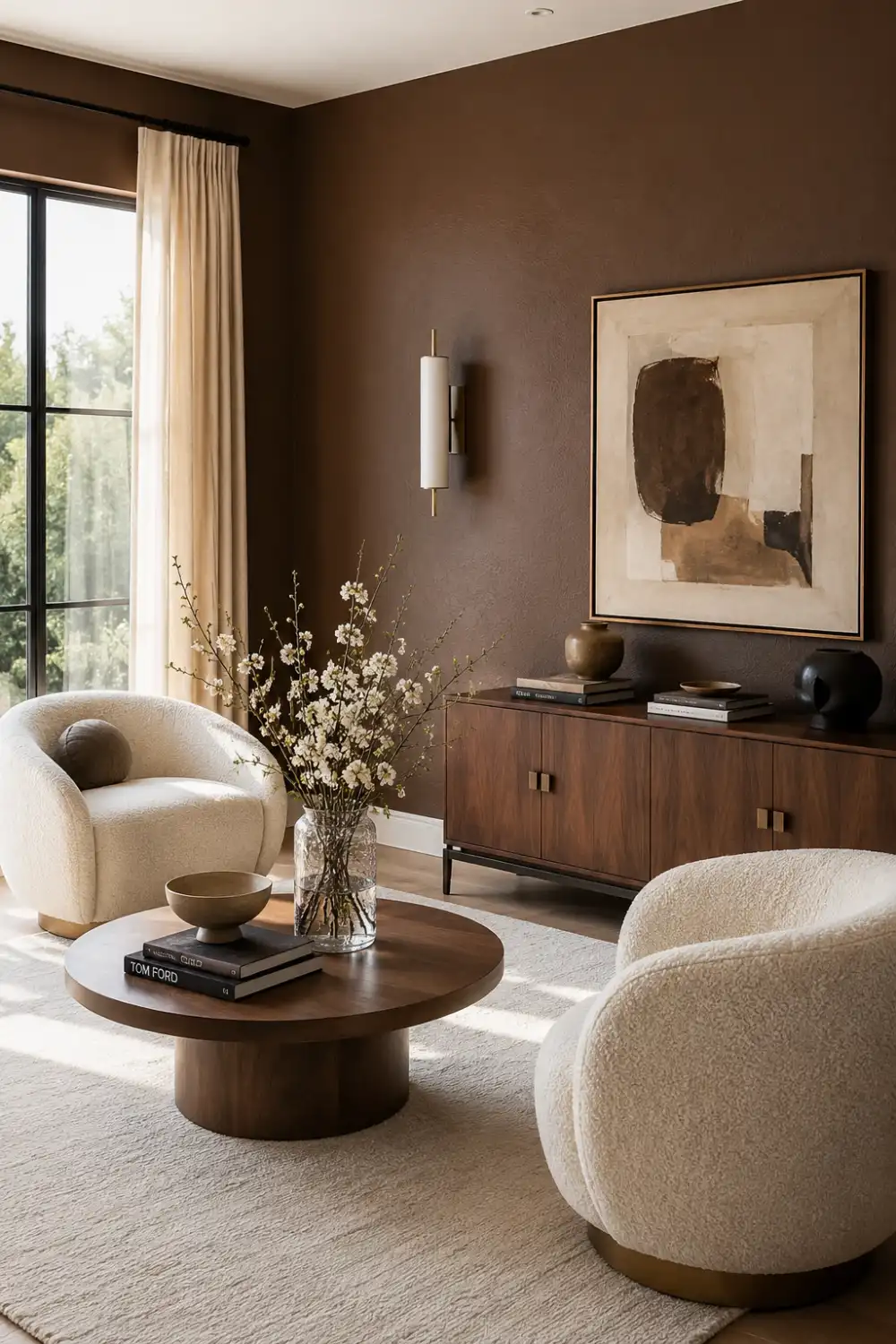 Deep cocoa brown luxury living room with warm dark walls, cream accent chairs, walnut wood furniture, abstract wall art, textured neutral rug, elegant earthy decor, and modern quiet luxury interior design styling.