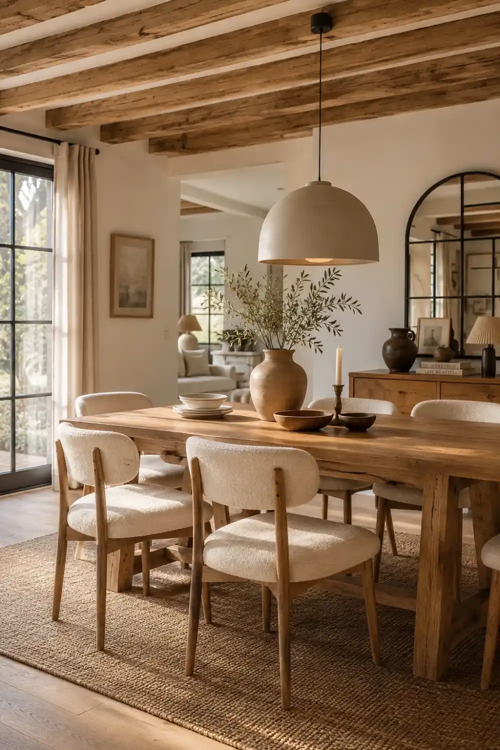 Minimal rustic Scandinavian dining room with light wood dining table, textured cream chairs, modern pendant light, exposed wooden ceiling beams, woven rug, ceramic decor, soft neutral colors, natural sunlight, and cozy minimalist farmhouse interior styling.