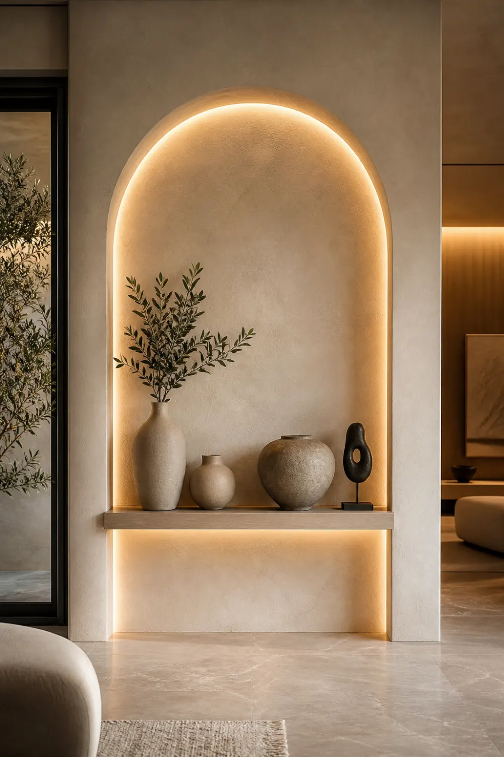 arched niche floating shelf wall design built in shelf with LED lighting modern luxury wall decor neutral interior styling