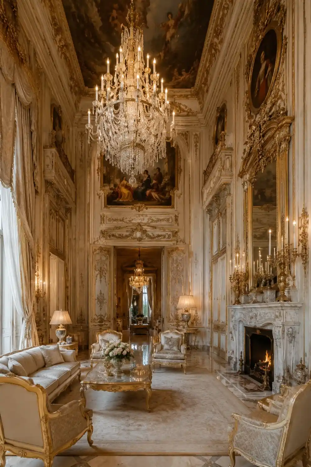 French chateau old money living room with crystal chandelier, ornate gold wall detailing, marble fireplace, antique furniture, palace-style ceilings, luxury decor accents, and timeless European aristocratic interior design.