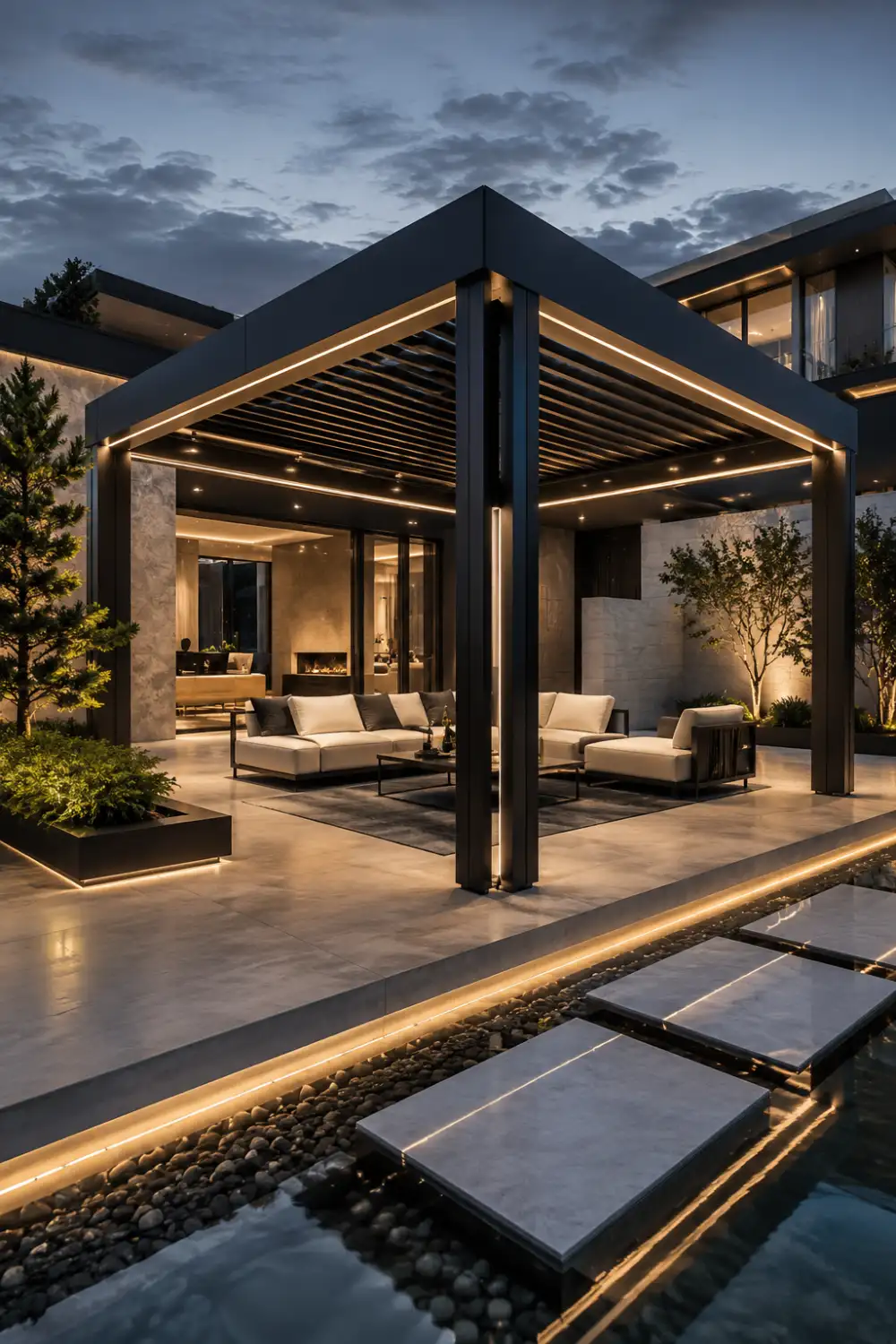 Ultra modern black gazebo with integrated LED lighting, large stone flooring, reflective water feature, minimalist seating, and sleek contemporary backyard architecture at night.