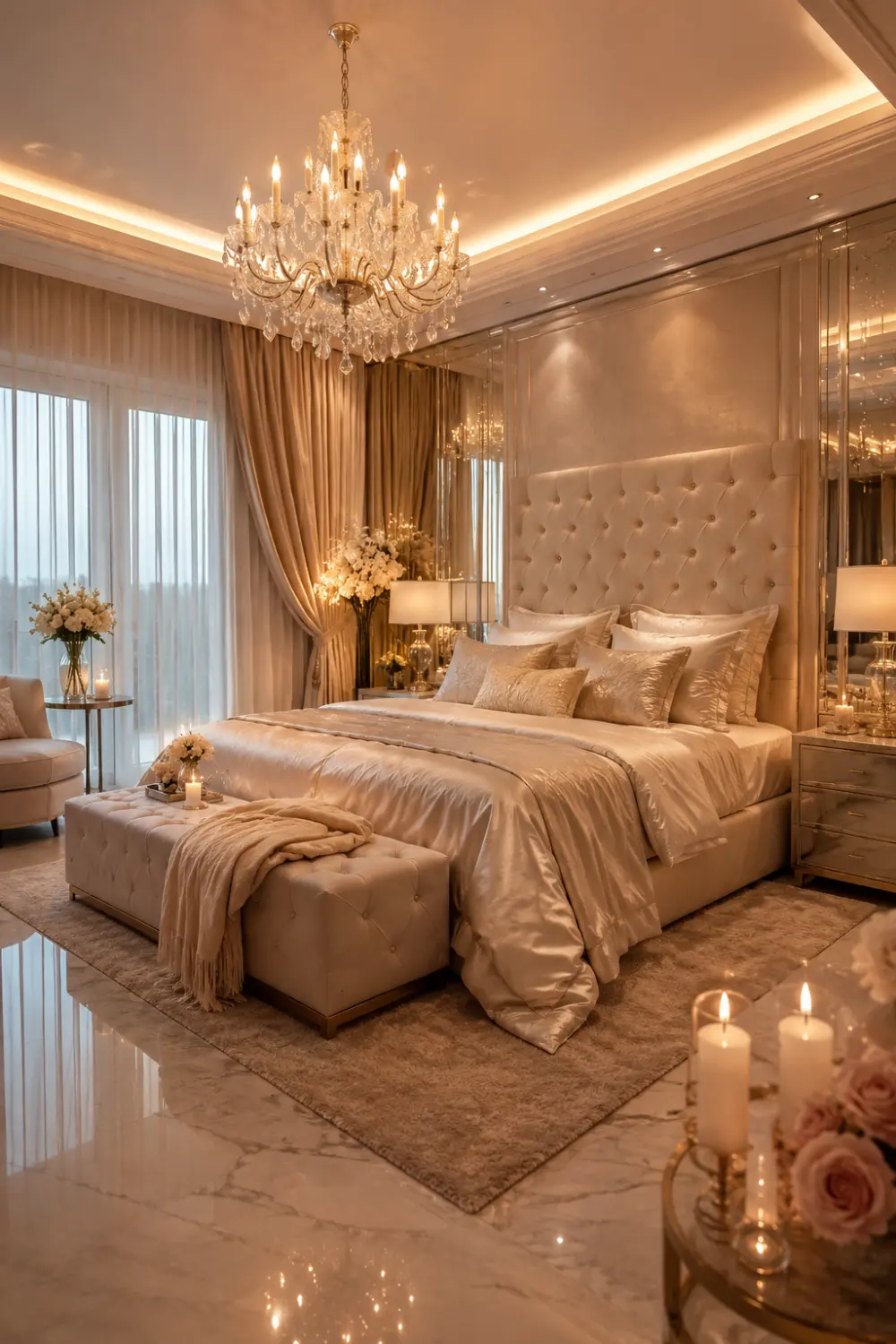 Champagne gold glam bedroom with satin bedding, tufted upholstered headboard, crystal chandelier, marble flooring, warm ambient lighting, mirrored accents, and elegant luxury romantic decor.