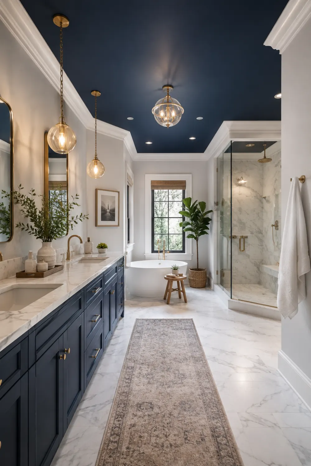 Luxury bathroom with dramatic navy blue ceiling, marble flooring, navy vanity, brass pendant lighting, freestanding tub, glass shower, and elegant modern interior inspiration.