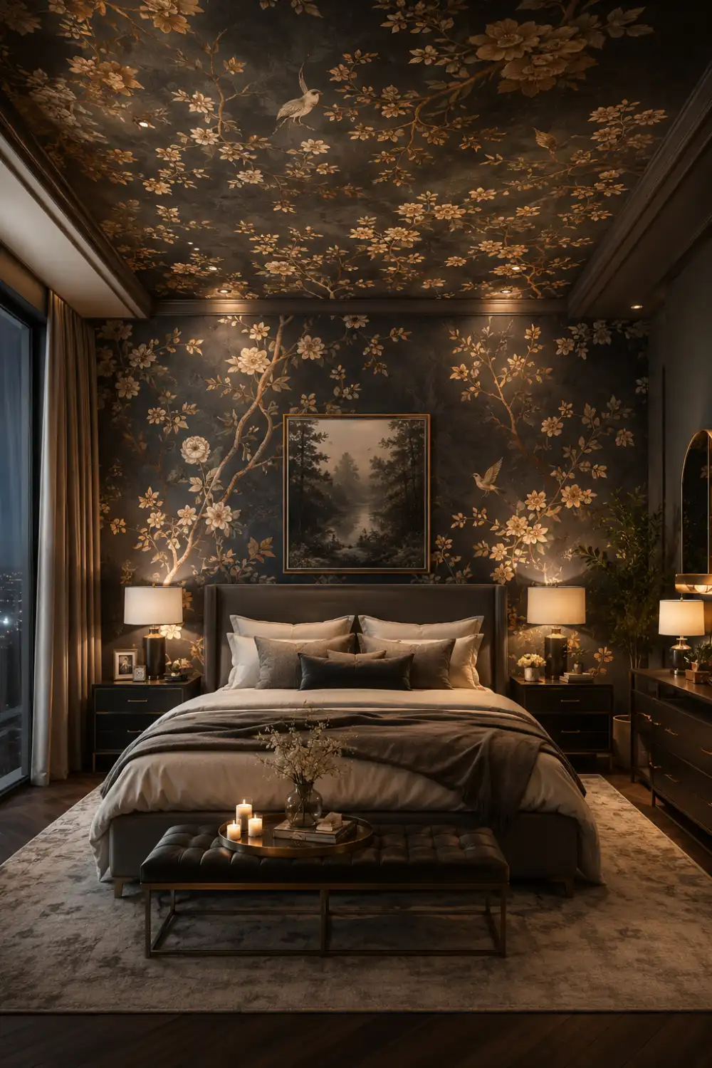 Luxury bedroom with floral wallpaper ceiling and wall feature, dark moody wallpaper, warm lighting, layered bedding, elegant decor, boutique hotel styling, artistic floral patterns, and dramatic modern bedroom inspiration.