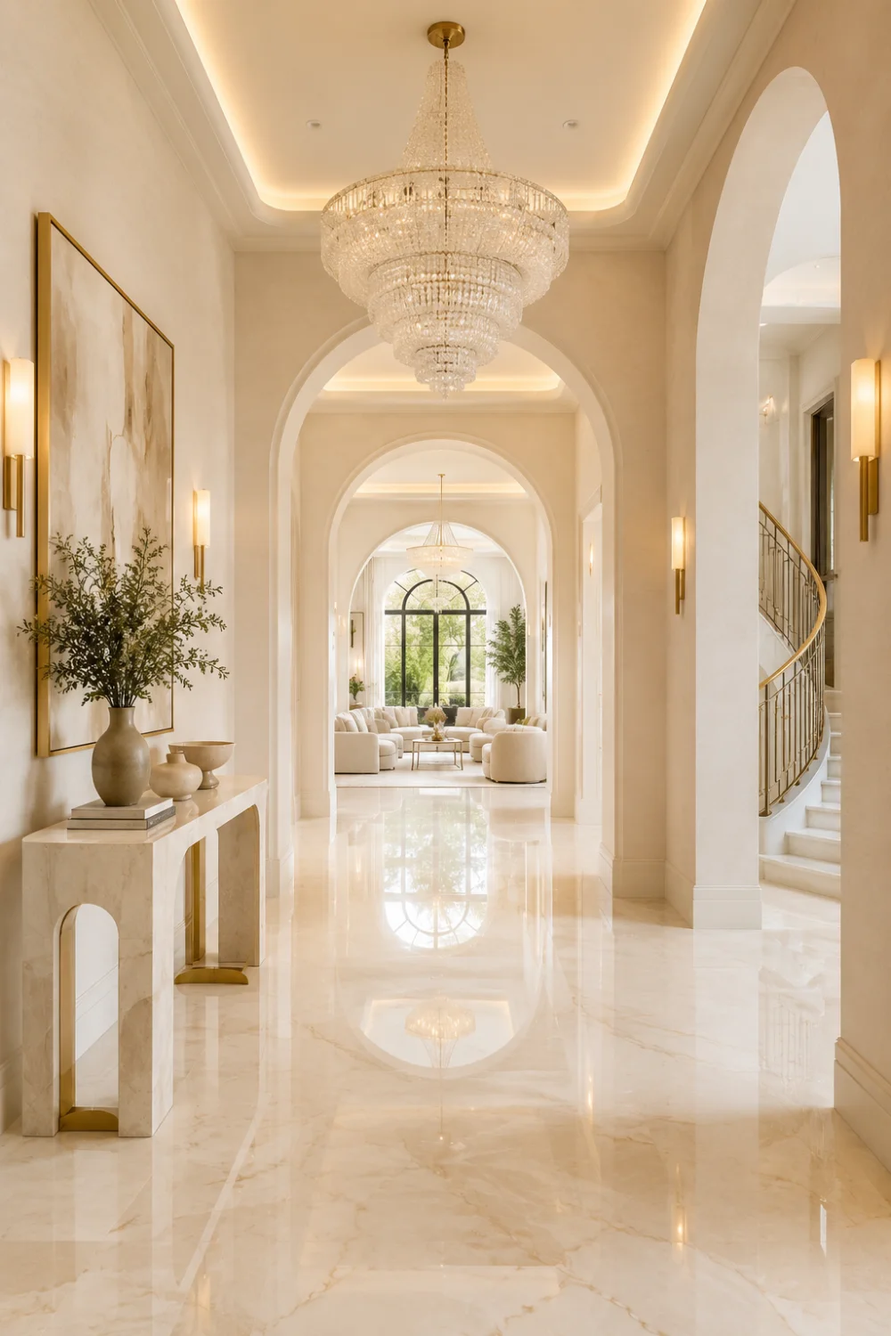 Grand arched entry hallway with oversized crystal chandelier, curved staircase, glossy marble flooring, soft cream walls, luxury mirrors, elegant wall decor, and bright mansion foyer design.