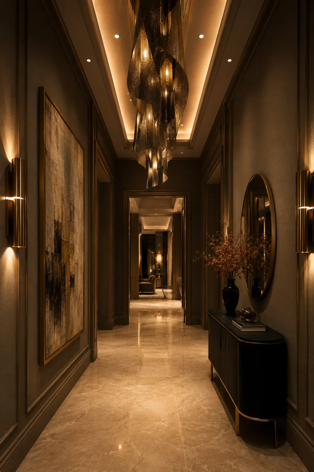 Luxury modern hallway with dramatic chandelier, marble flooring, warm LED ceiling lighting, dark earthy walls, oversized artwork, and elegant autumn interior decor inspiration.