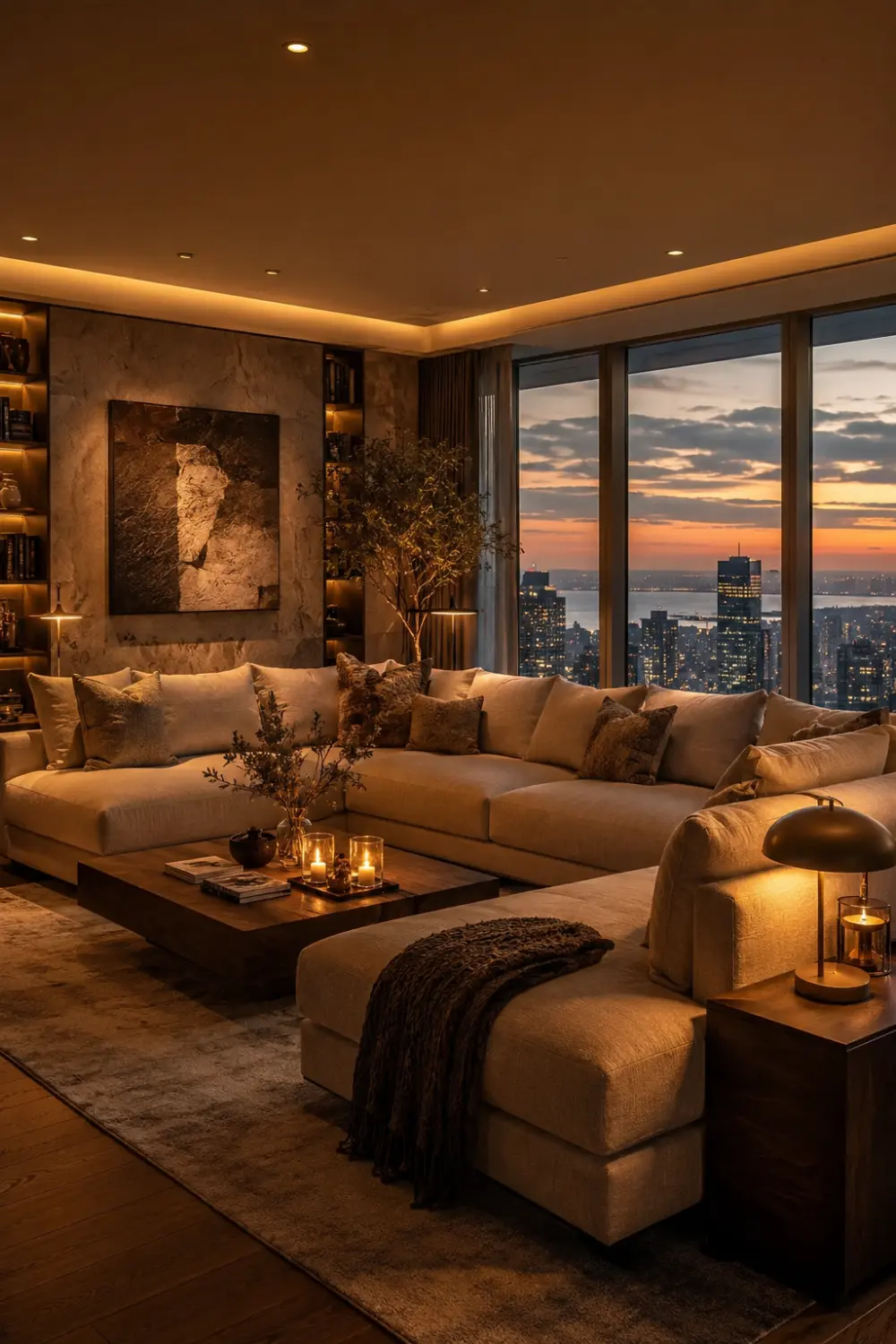 Luxury apartment living room with city skyline view, oversized sectional sofa, warm golden lighting, layered neutral textures, cozy candles, modern wall decor, and elegant apartment interior design.