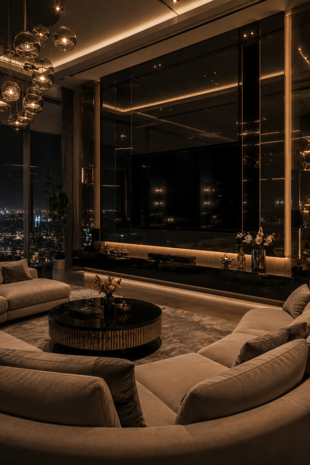 Luxury black glass TV wall with reflective smoked panels, warm ambient lighting, modern chandelier, curved sectional sofa, and glamorous penthouse living room interior design.
