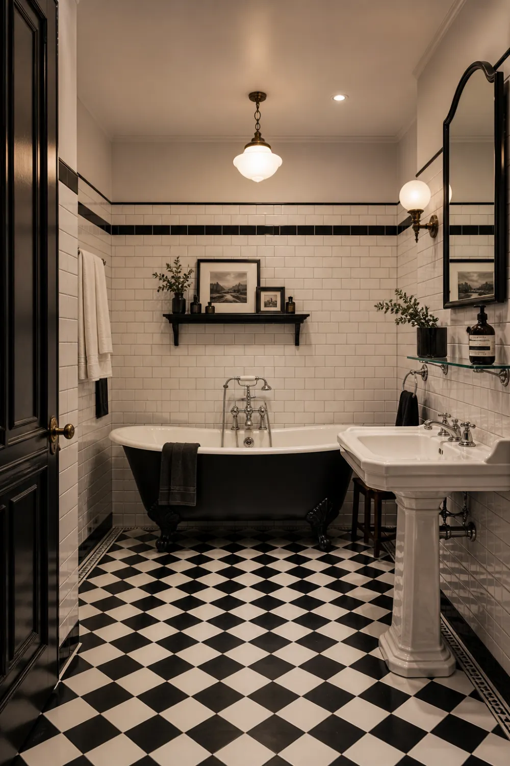 vintage black and white bathroom with checkerboard floor, clawfoot bathtub, subway tiles, classic sink, traditional decor, timeless bathroom interior design