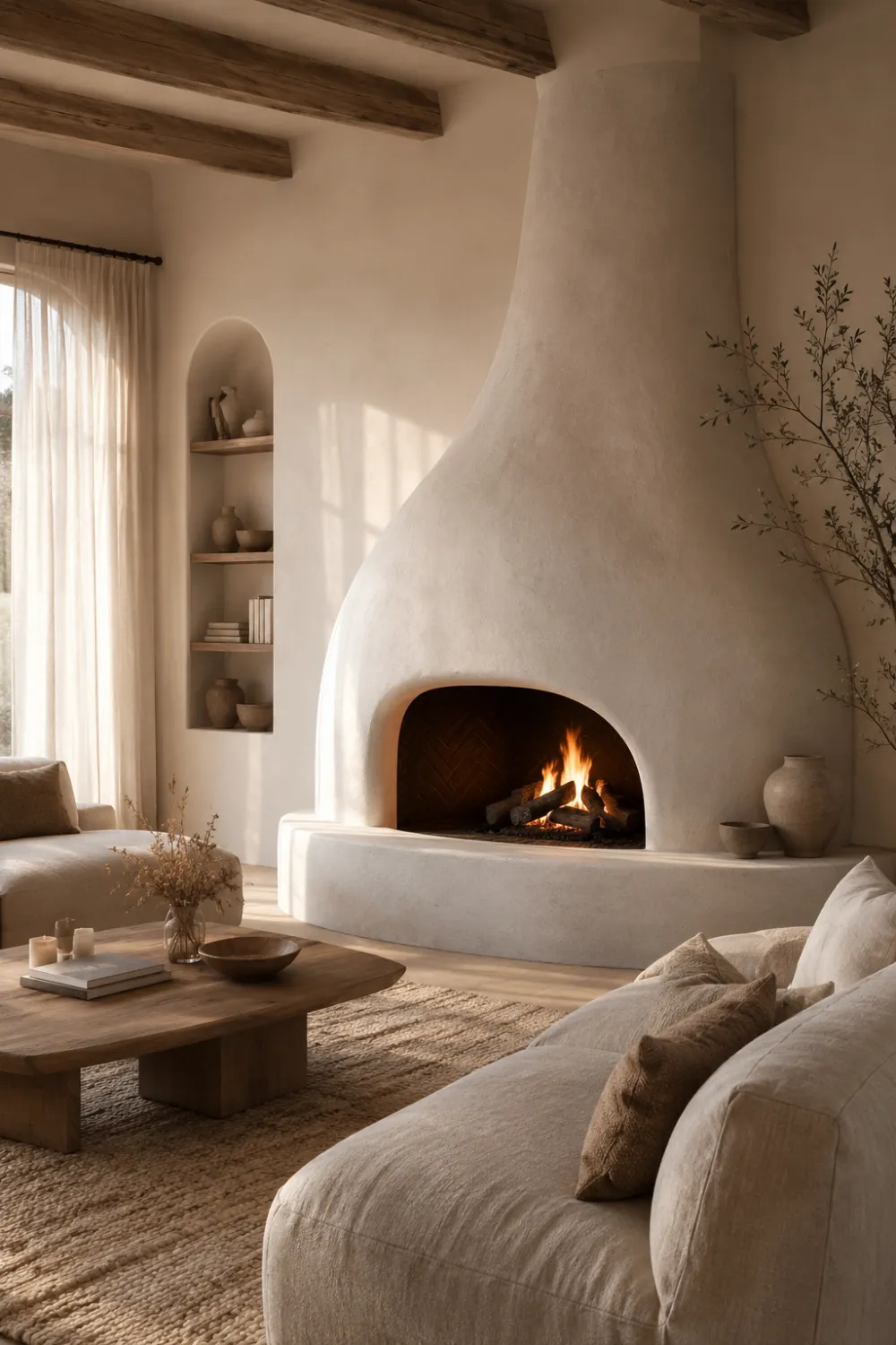 Modern TV and fireplace combo wall with floating black console, warm LED lighting, neutral decor, and luxury contemporary living room styling
