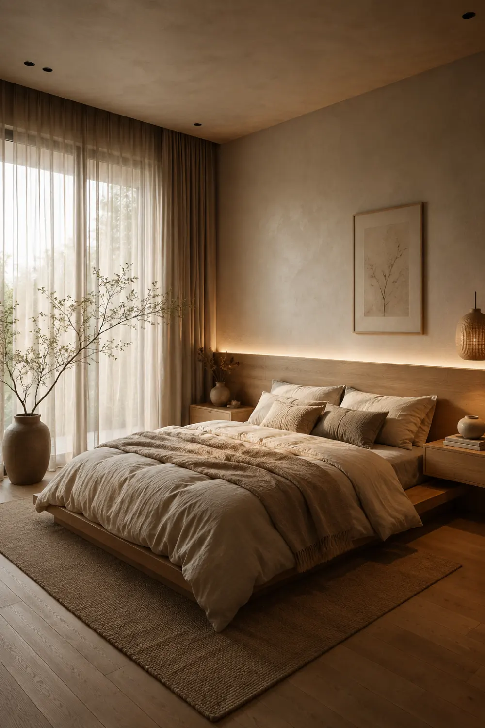 Warm minimal Japandi bedroom with low wooden platform bed, hidden LED headboard lighting, floor-to-ceiling curtains, textured neutral walls, soft linen bedding, and cozy earthy decor.