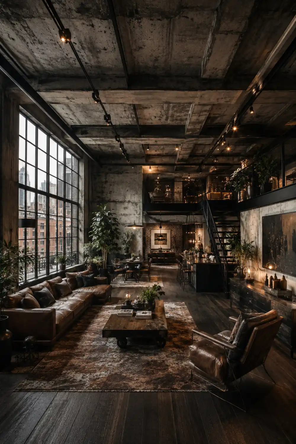 Industrial concrete ceiling with exposed raw textures, black track lighting, oversized loft windows, dark wood flooring, and modern urban living room interior.