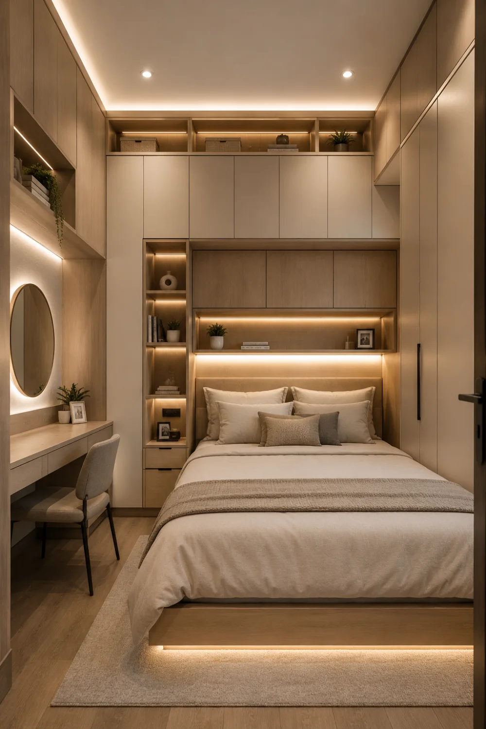 Smart built-in storage tiny bedroom with hidden cabinets, floating shelves, warm ambient lighting, neutral bedding, compact vanity desk, and modern minimalist apartment decor.