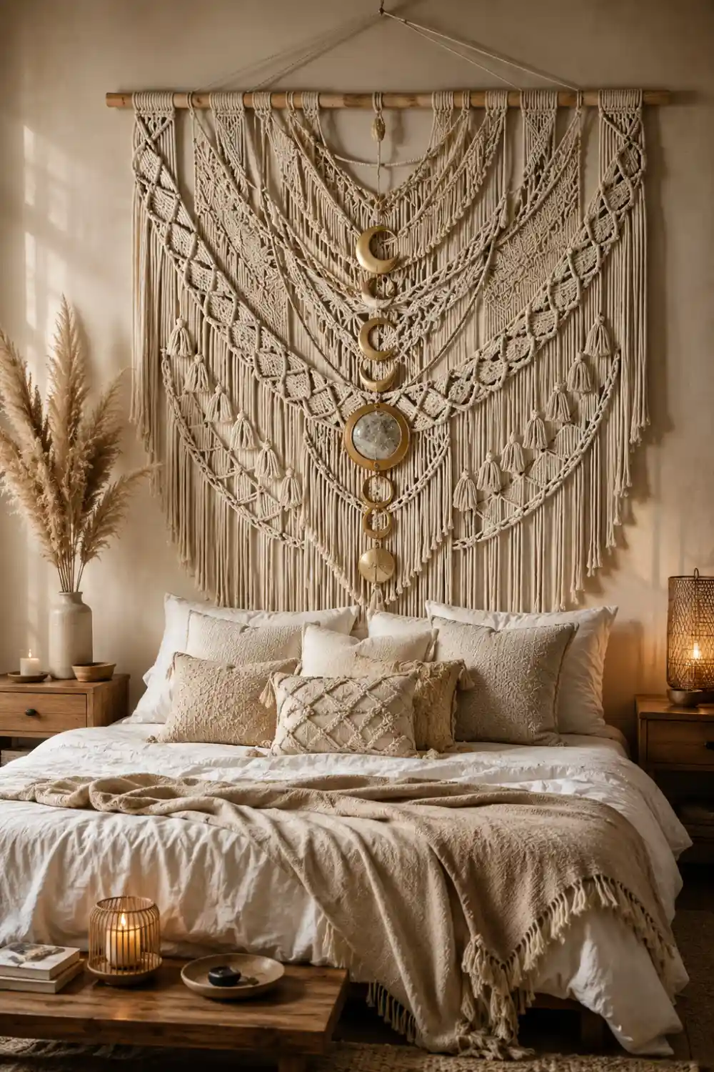 Oversized boho macrame headboard wall hanging with intricate woven cotton patterns, tassels, and layered textures displayed above a cozy neutral bedroom with warm ambient lighting.