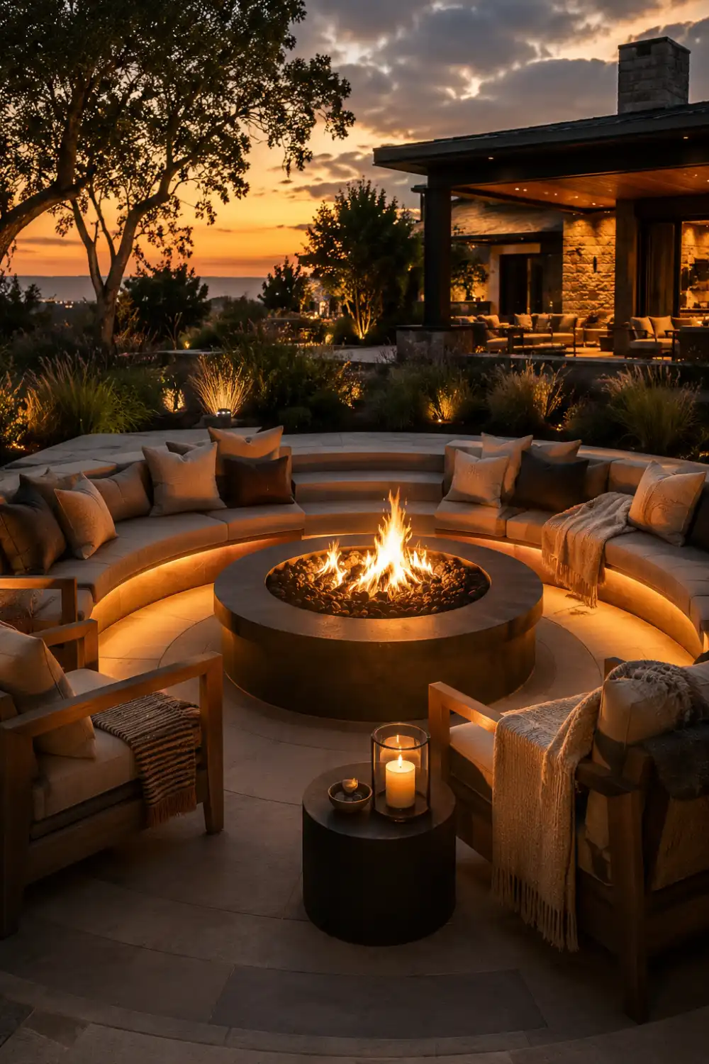 Circular conversation fire pit area with curved built-in seating, glowing round fire feature, soft neutral cushions, layered landscaping, and cozy luxury backyard ambiance at sunset.