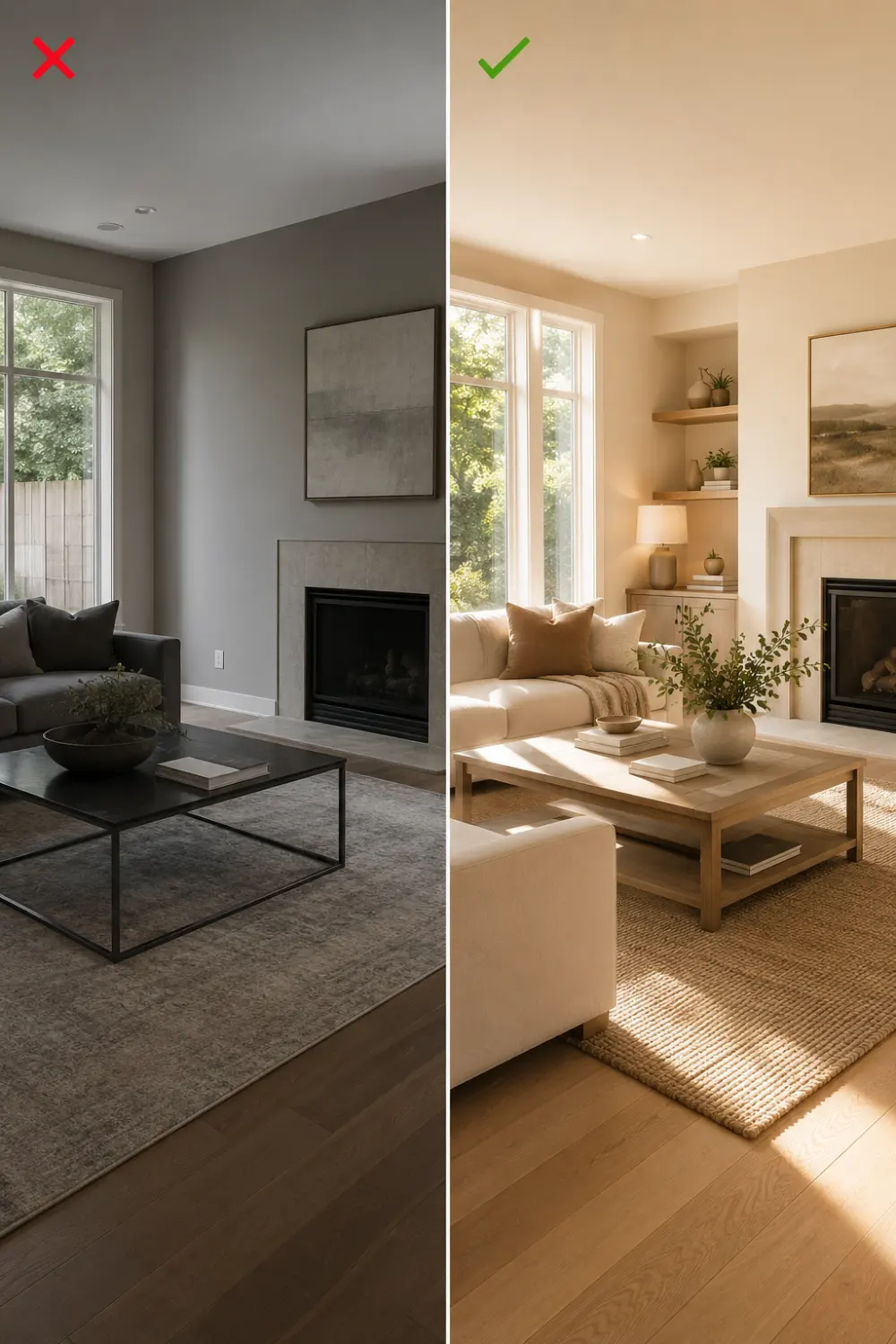 Dark dull paint colors versus warm neutral paint in bright modern luxury living room interior