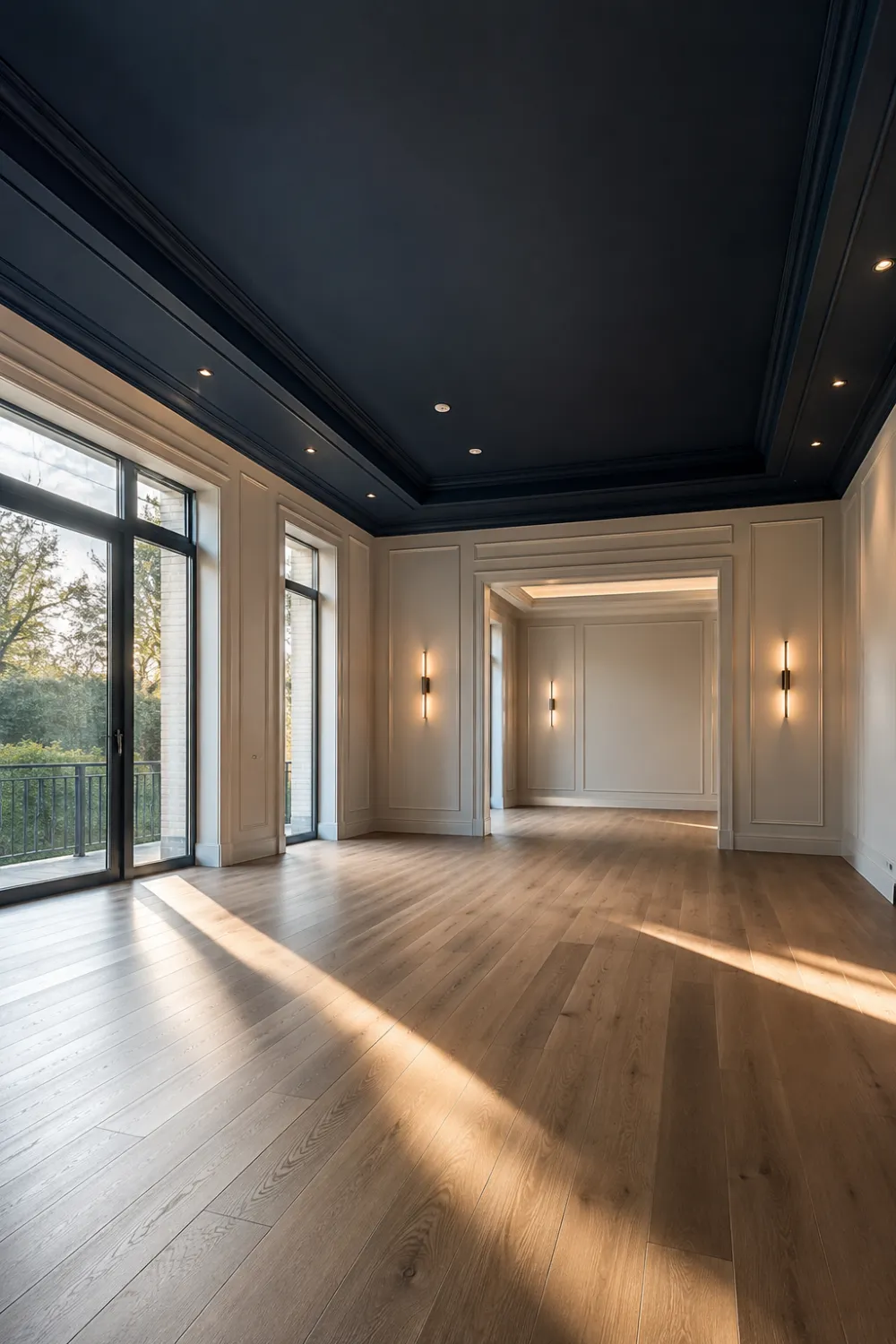 Modern room with midnight blue ceiling, warm wood flooring, elegant wall molding, and luxurious designer-inspired interior decor.