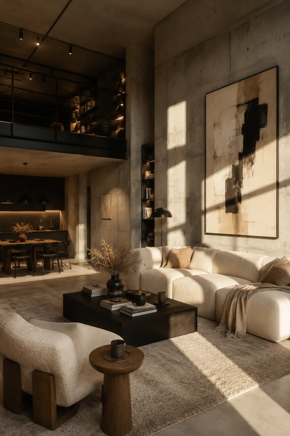 Industrial luxury loft living room with raw concrete statement walls, oversized abstract artwork, cream boucle furniture, black accents, warm lighting, and modern architectural interior styling with earthy neutral decor.