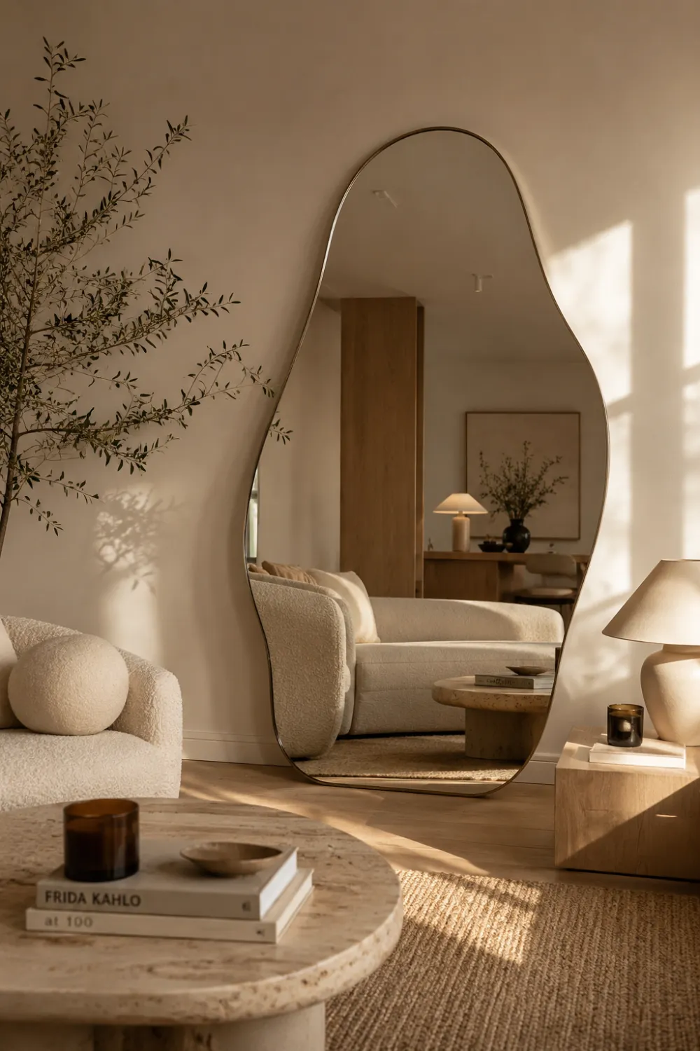 Modern organic-shaped statement mirror in a cozy neutral apartment living room with boucle furniture, wooden decor, warm sunlight, textured rug, candles, and minimalist Pinterest-inspired styling creating a bright and luxurious small apartment aesthetic.